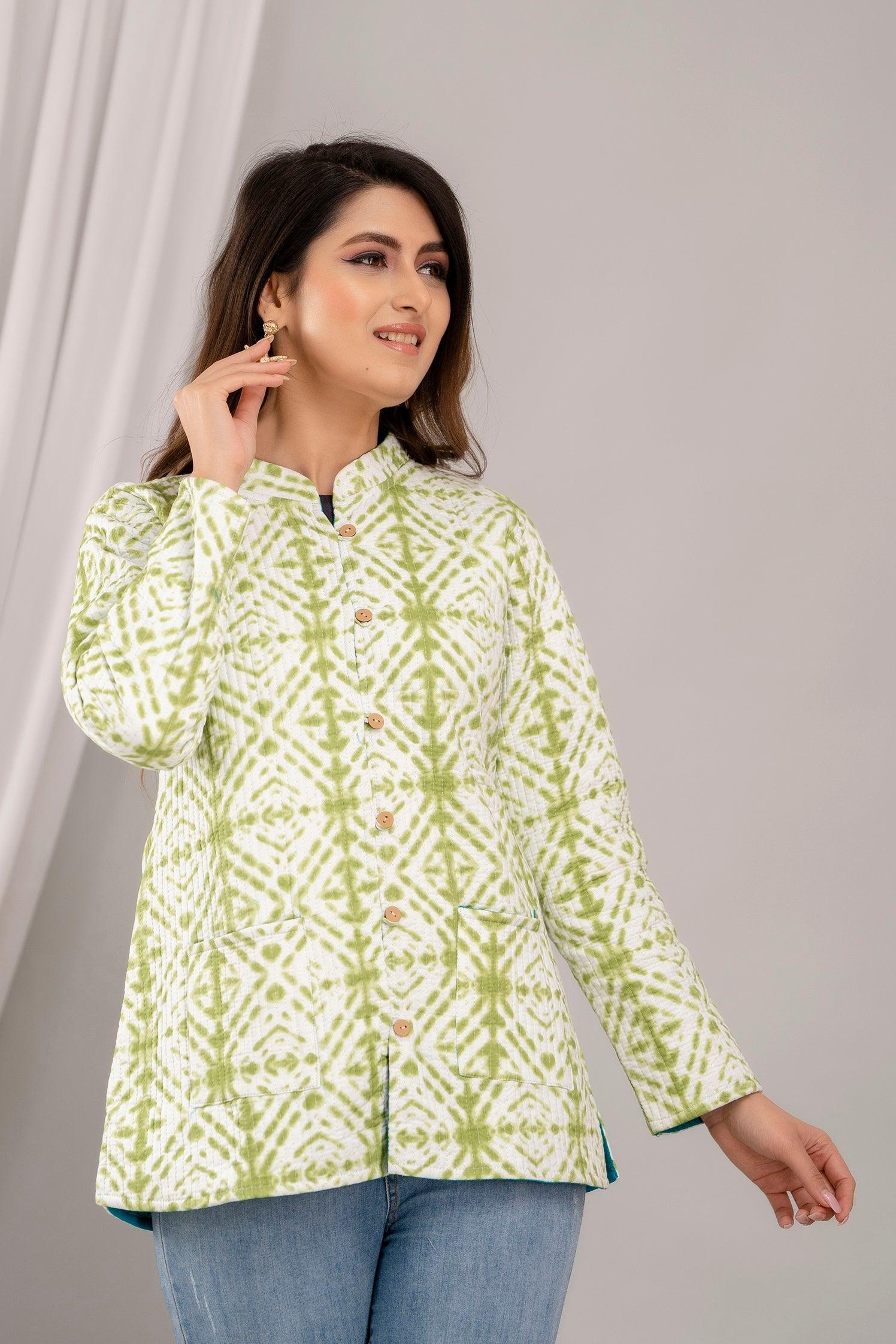 Women Printed Lightweight Cotton Quilted Light Green Jacket - SHKL1018 - Frionkandy