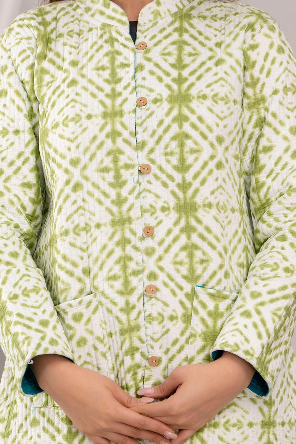 Women Printed Lightweight Cotton Quilted Light Green Jacket - SHKL1018 - Frionkandy