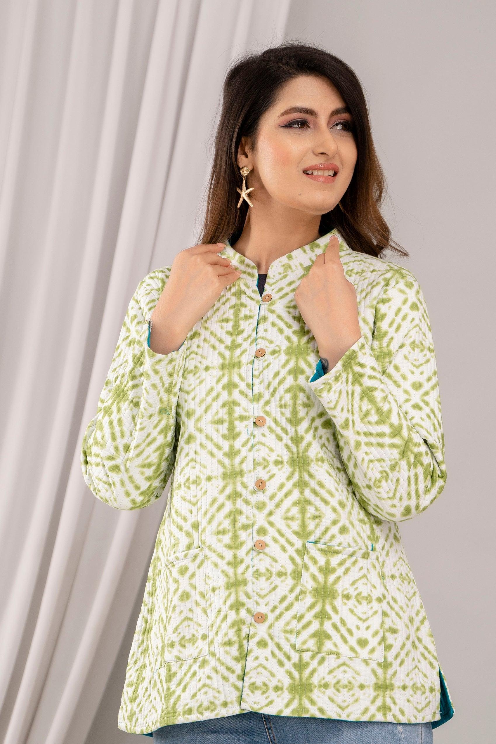 Women Printed Lightweight Cotton Quilted Light Green Jacket - SHKL1018 - Frionkandy