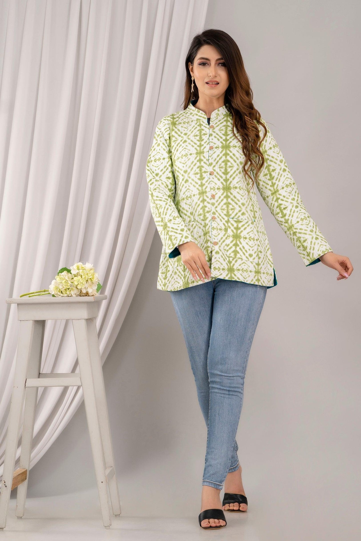 Women Printed Lightweight Cotton Quilted Light Green Jacket - SHKL1018 - Frionkandy