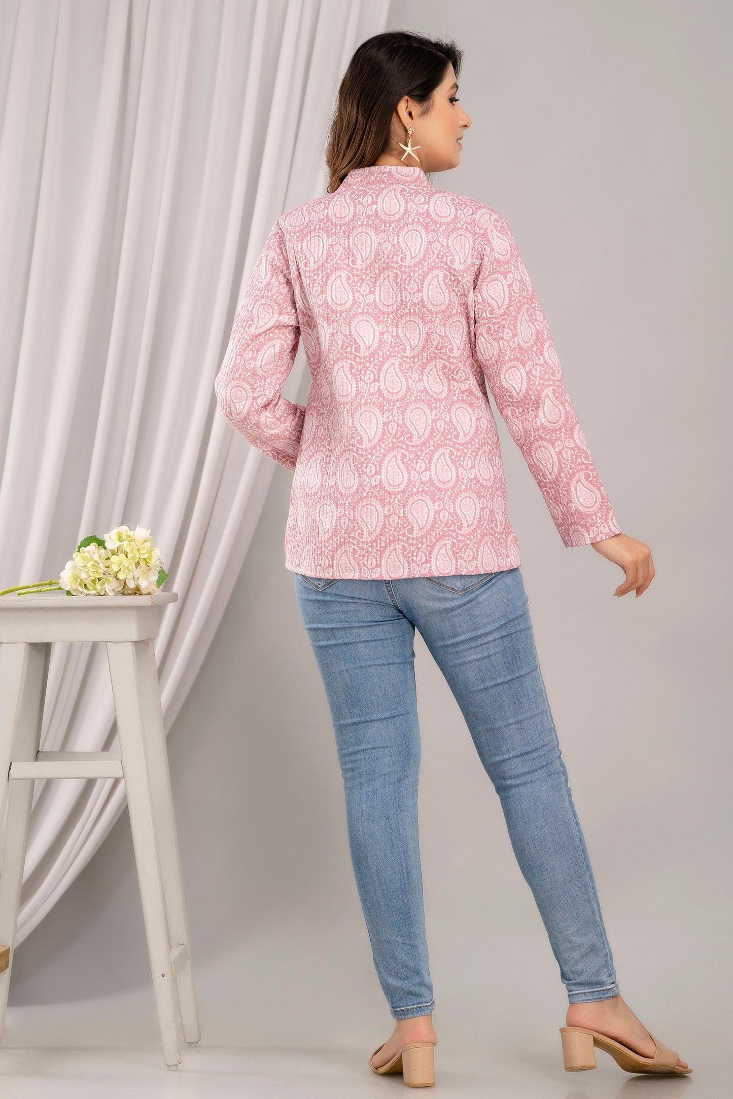 Women Printed Lightweight Cotton Quilted Pink Jacket - SHKL1019 - Frionkandy