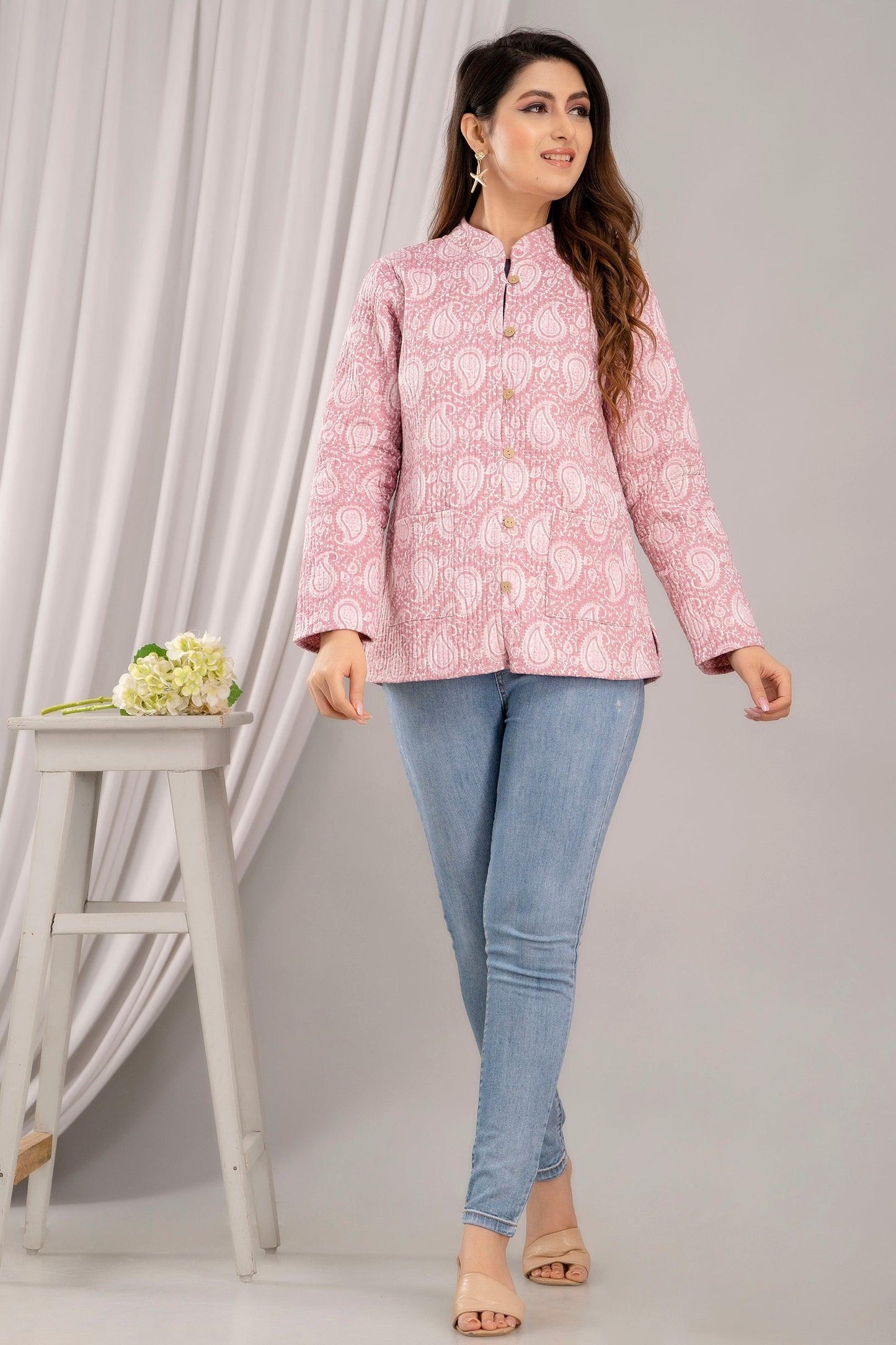 Women Printed Lightweight Cotton Quilted Pink Jacket - SHKL1019 - Frionkandy