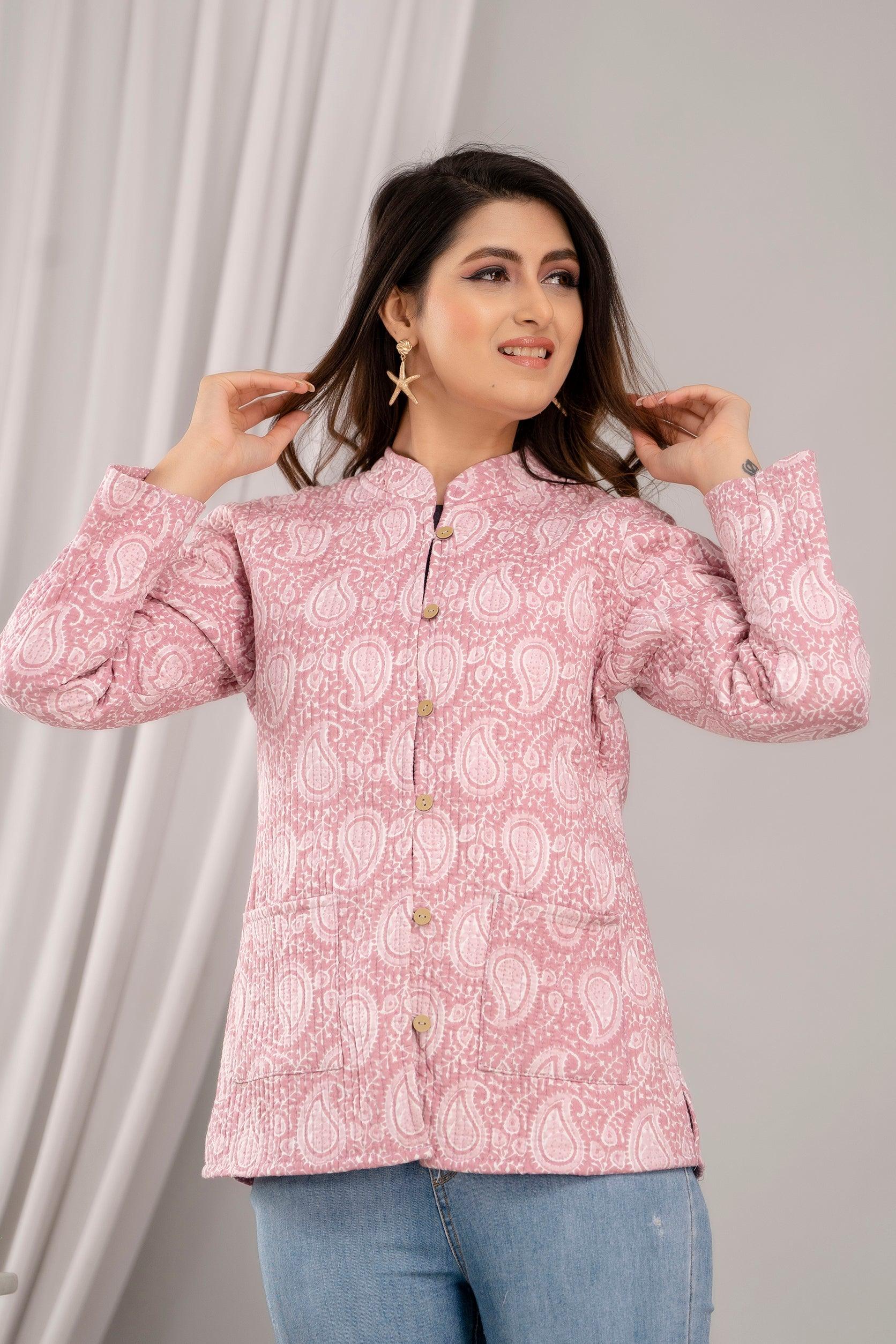 Women Printed Lightweight Cotton Quilted Pink Jacket - SHKL1019 - Frionkandy