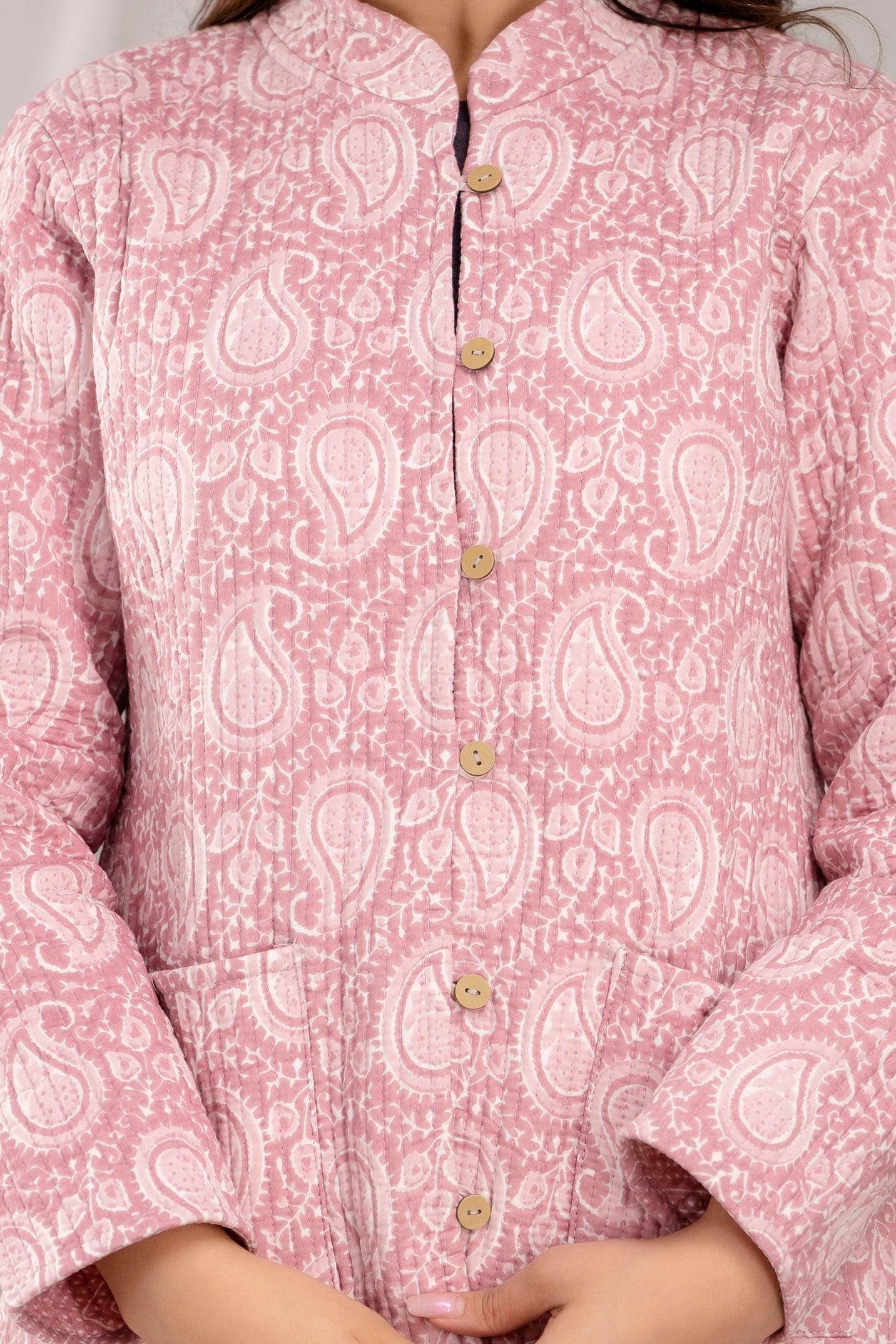 Women Printed Lightweight Cotton Quilted Pink Jacket - SHKL1019 - Frionkandy