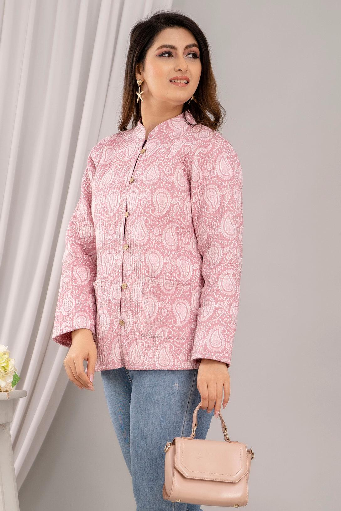 Women Printed Lightweight Cotton Quilted Pink Jacket - SHKL1019 - Frionkandy