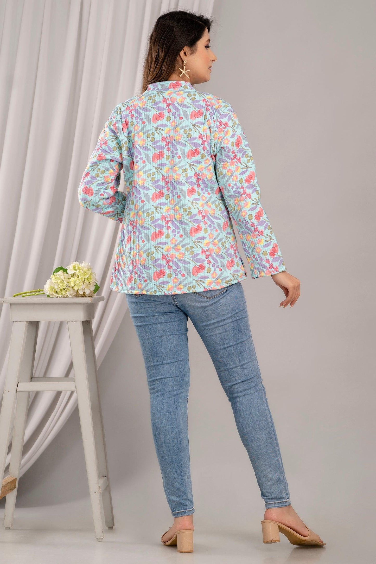 Women Printed Lightweight Cotton Quilted Multicolor Jacket - SHKL1021 - Frionkandy