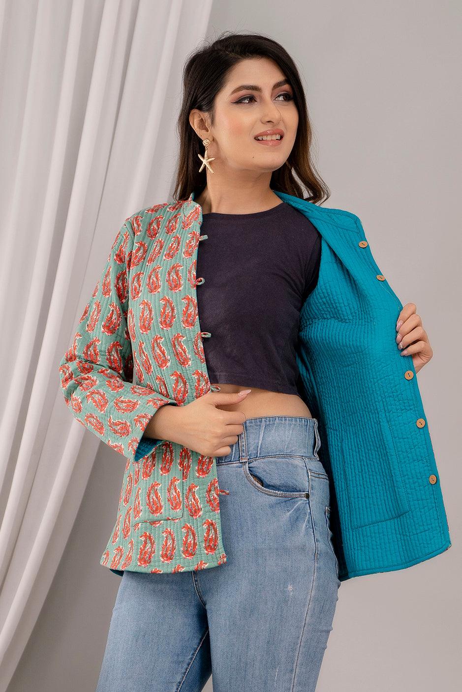 Women Printed Lightweight Cotton Quilted Teal Blue Jacket - SHKL1022 - Frionkandy