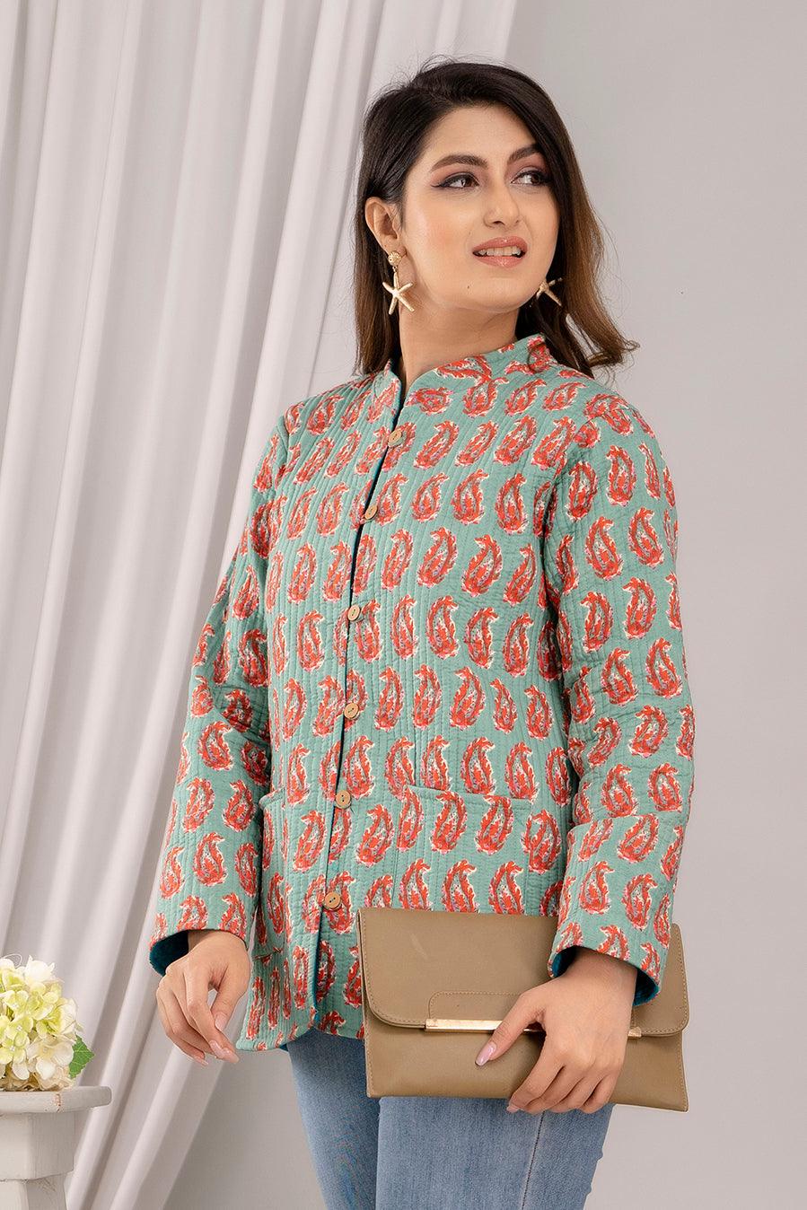 Women Printed Lightweight Cotton Quilted Teal Blue Jacket - SHKL1022 - Frionkandy