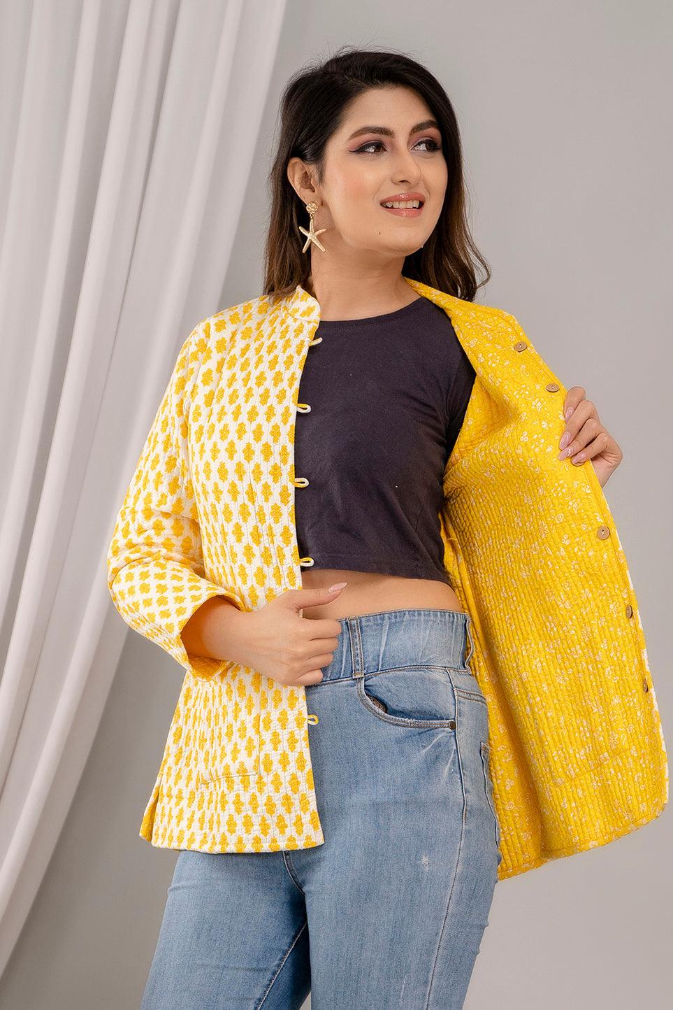 Women Printed Lightweight Cotton Quilted Yellow Jacket - SHKL1023 - Frionkandy