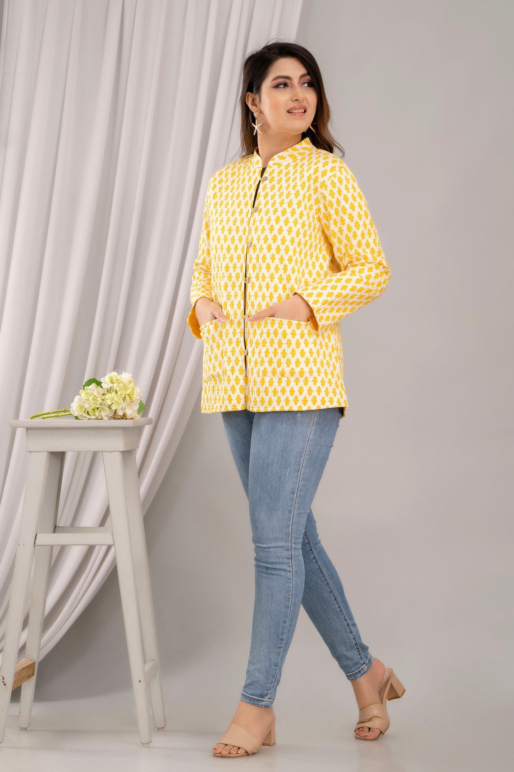 Women Printed Lightweight Cotton Quilted Yellow Jacket - SHKL1023 - Frionkandy