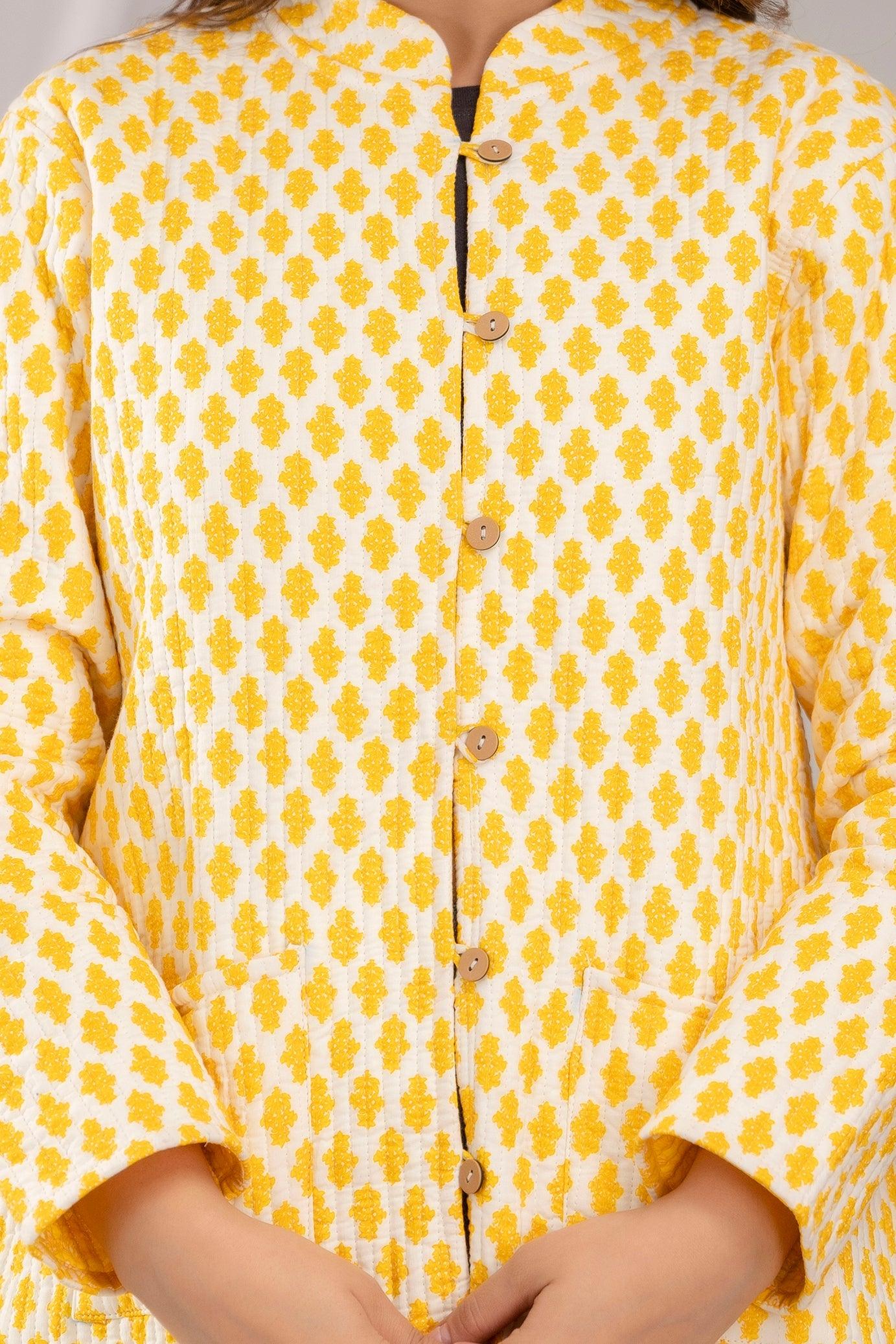 Women Printed Lightweight Cotton Quilted Yellow Jacket - SHKL1023 - Frionkandy