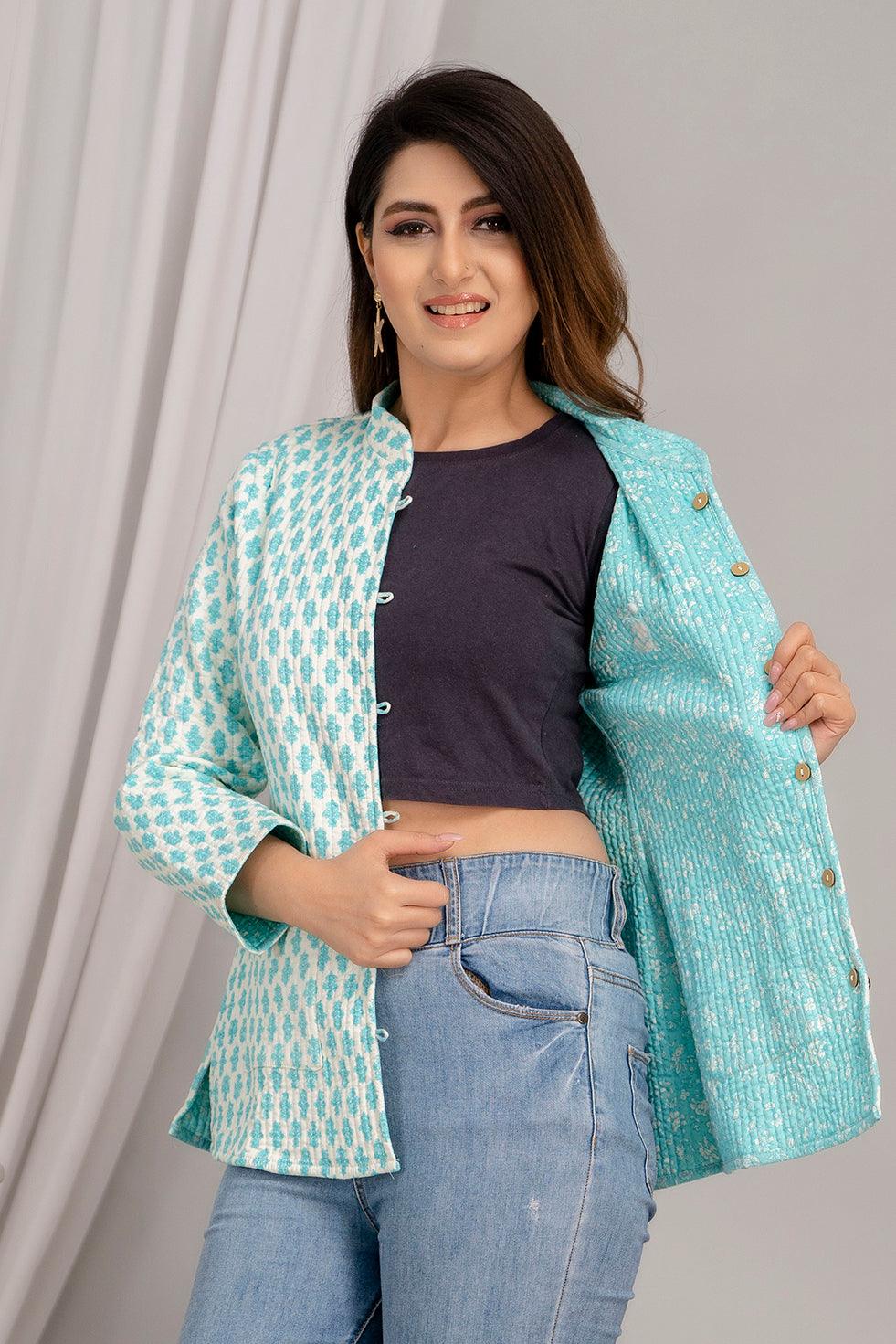 Women Printed Lightweight Cotton Quilted Turquoise Blue Jacket - SHKL1024 - Frionkandy