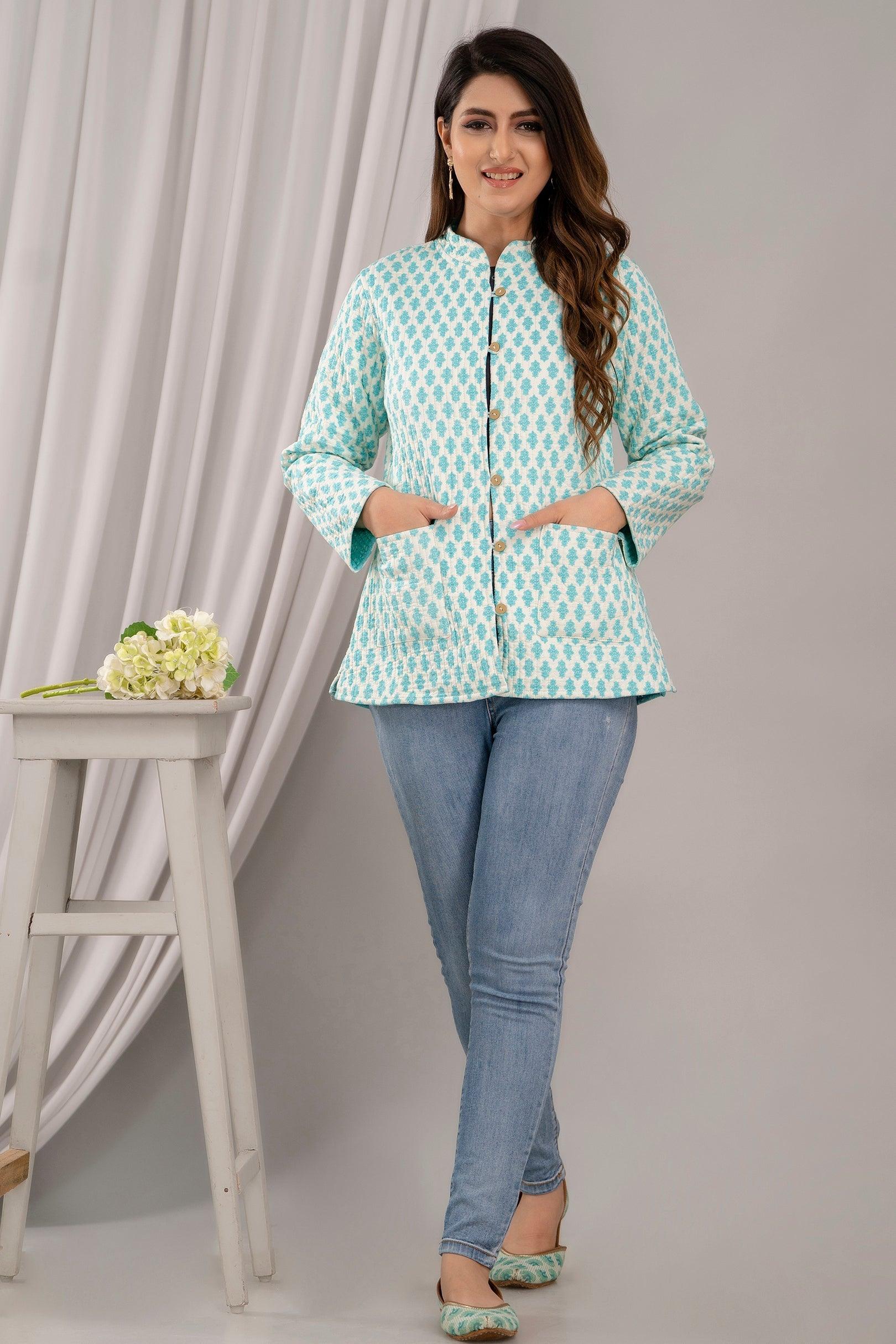 Women Printed Lightweight Cotton Quilted Turquoise Blue Jacket - SHKL1024 - Frionkandy