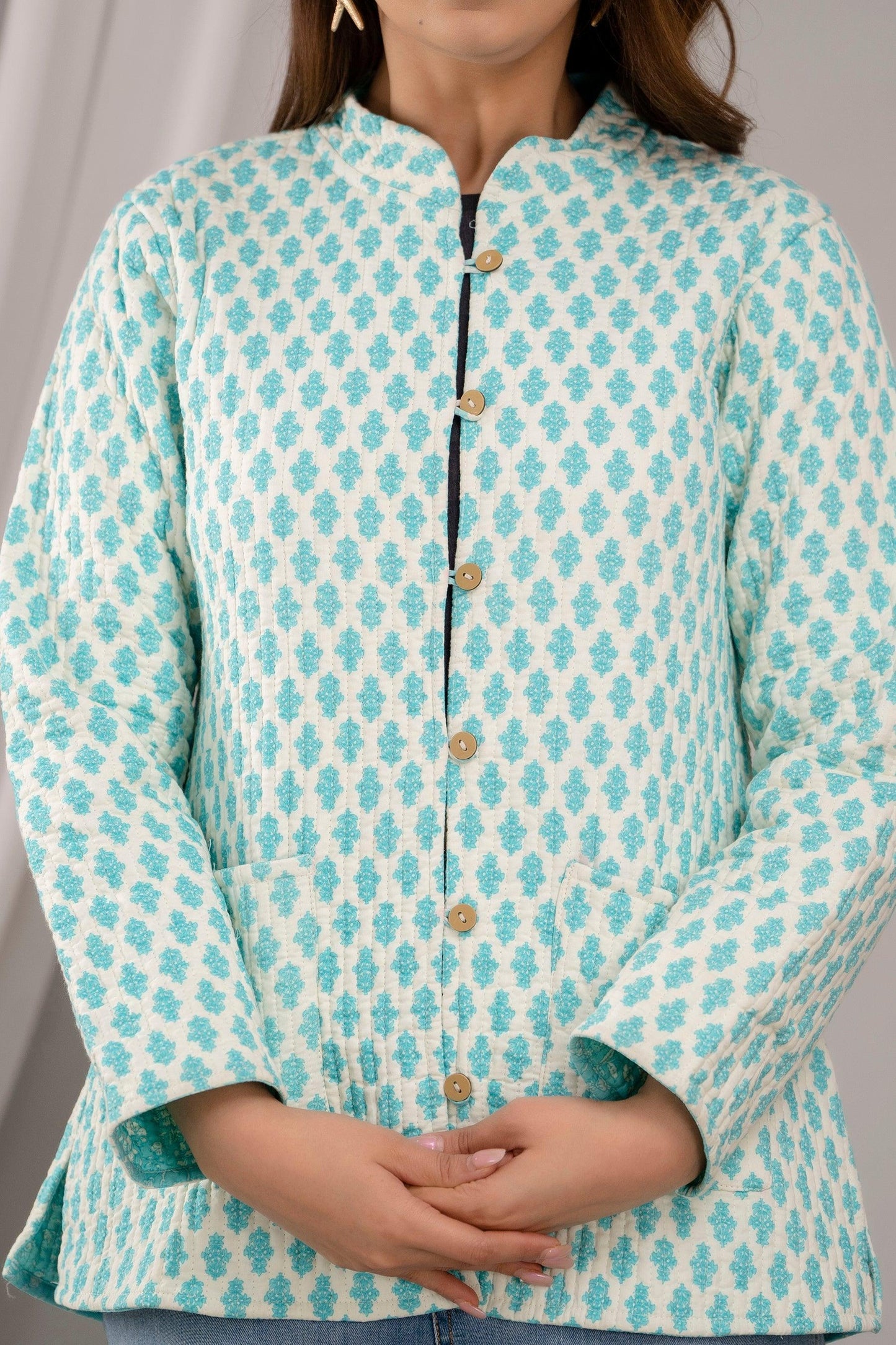 Women Printed Lightweight Cotton Quilted Turquoise Blue Jacket - SHKL1024 - Frionkandy