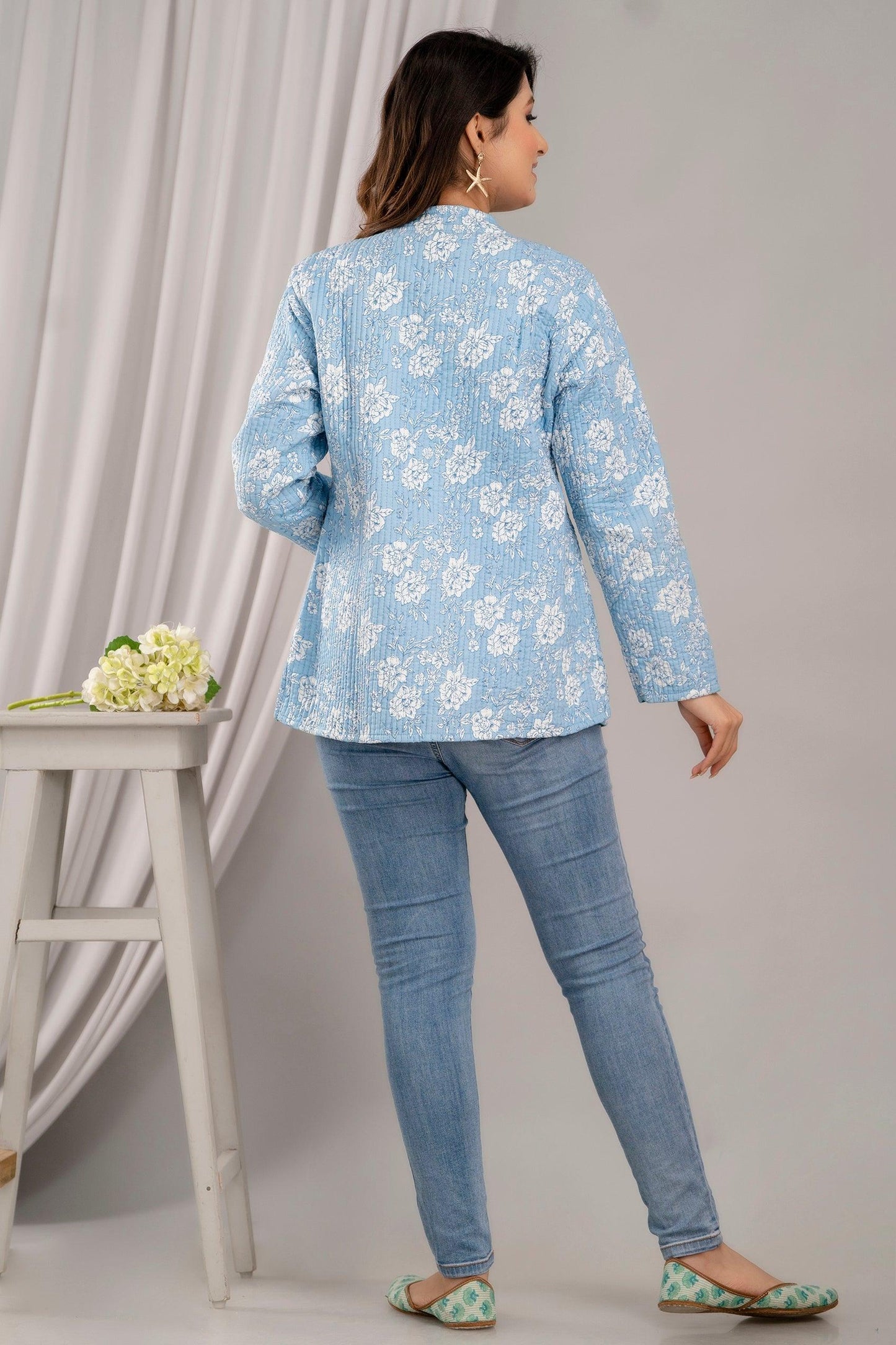 Women Printed Lightweight Cotton Quilted Sky Blue Jacket - SHKL1025 - Frionkandy