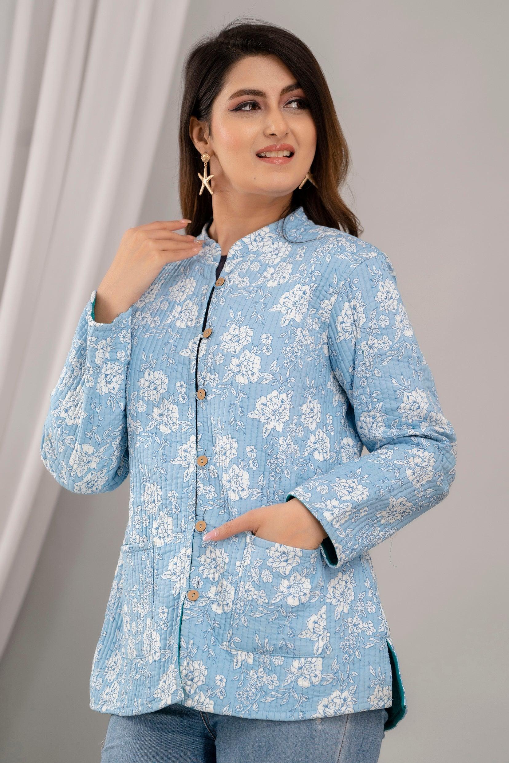 Women Printed Lightweight Cotton Quilted Sky Blue Jacket - SHKL1025 - Frionkandy