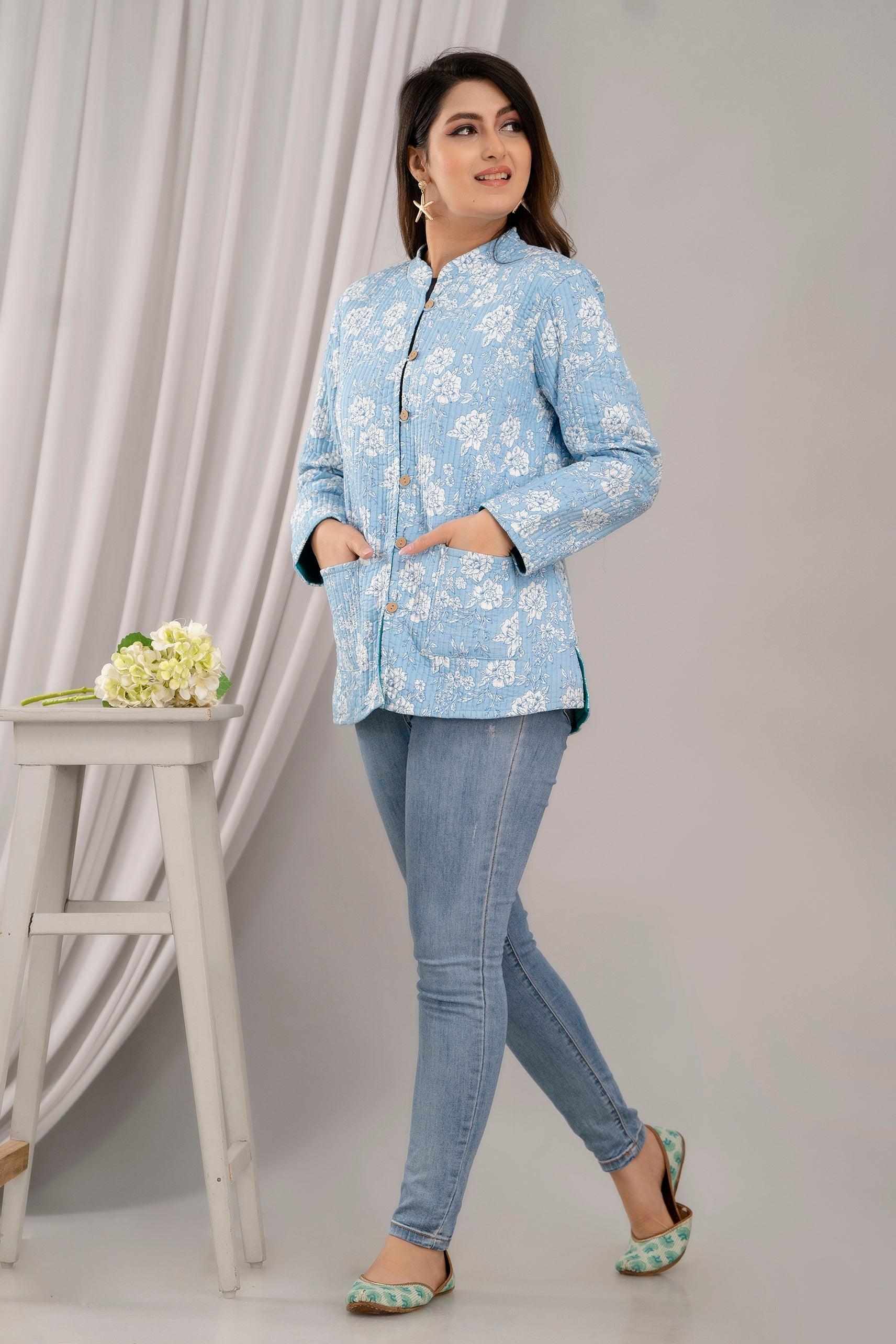 Women Printed Lightweight Cotton Quilted Sky Blue Jacket - SHKL1025 - Frionkandy