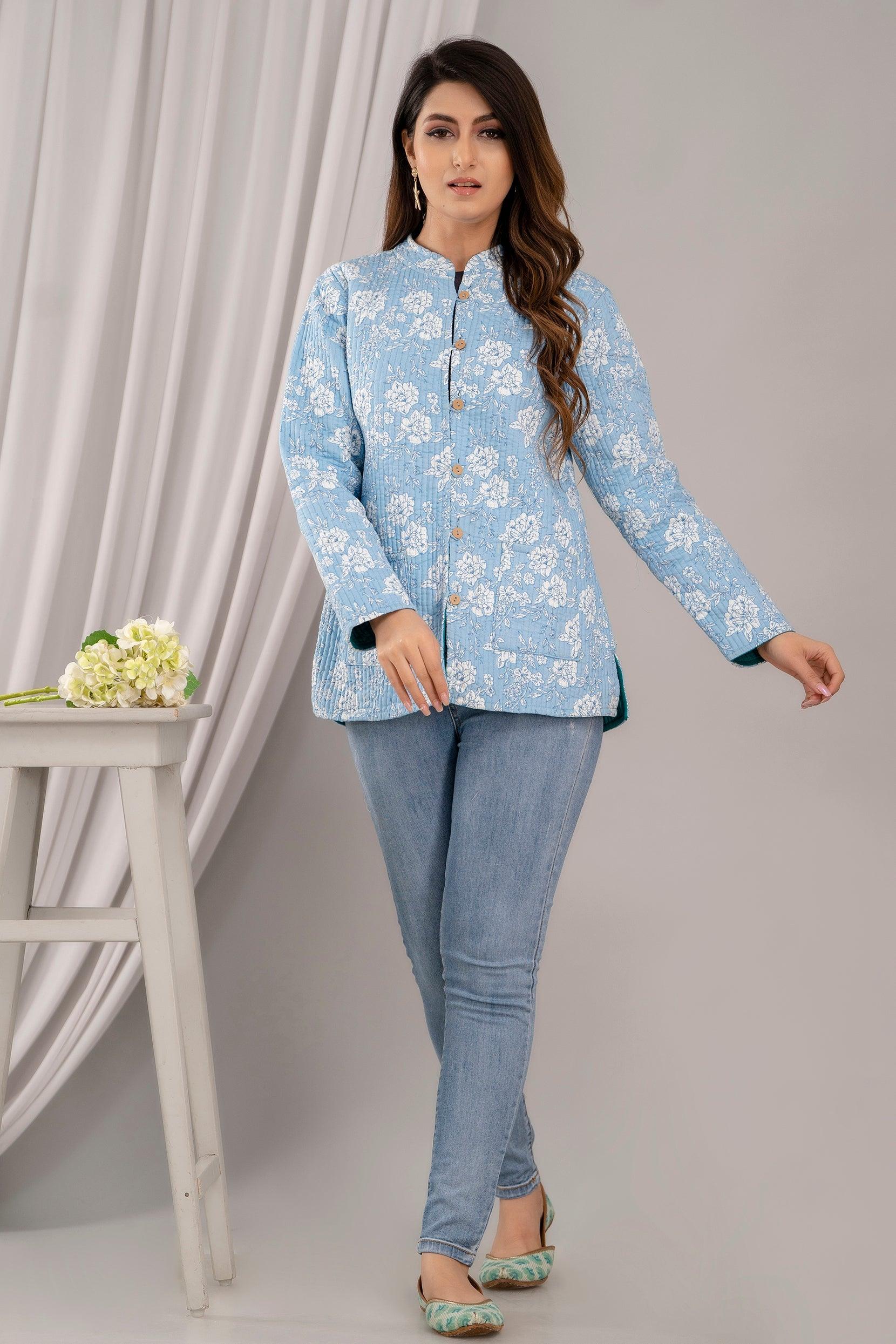 Women Printed Lightweight Cotton Quilted Sky Blue Jacket - SHKL1025 - Frionkandy