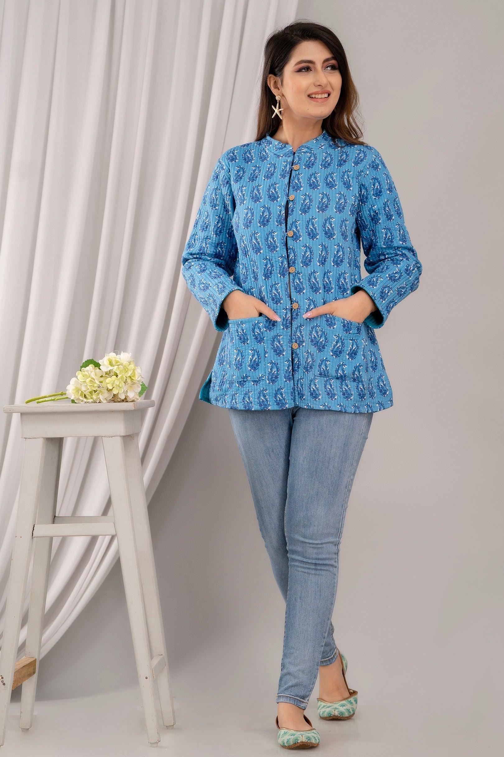 Women Printed Lightweight Cotton Quilted Blue Jacket - SHKL1027 - Frionkandy