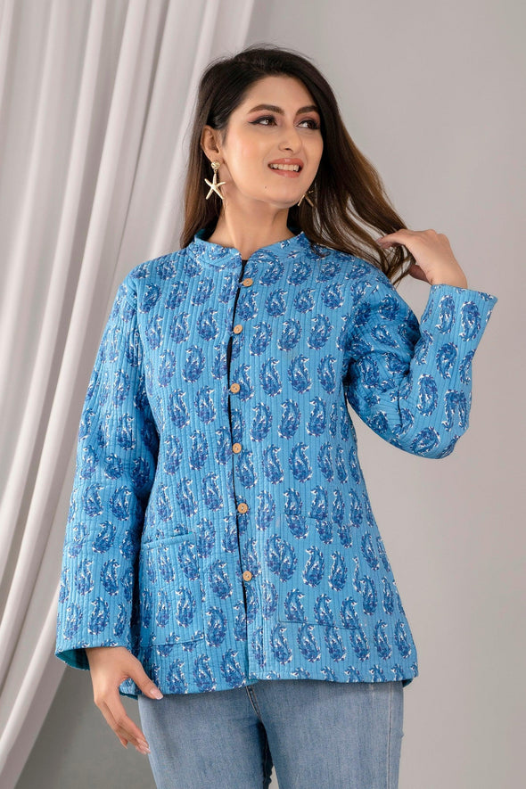 Women Printed Lightweight Cotton Quilted Blue Jacket - SHKL1027 - Frionkandy