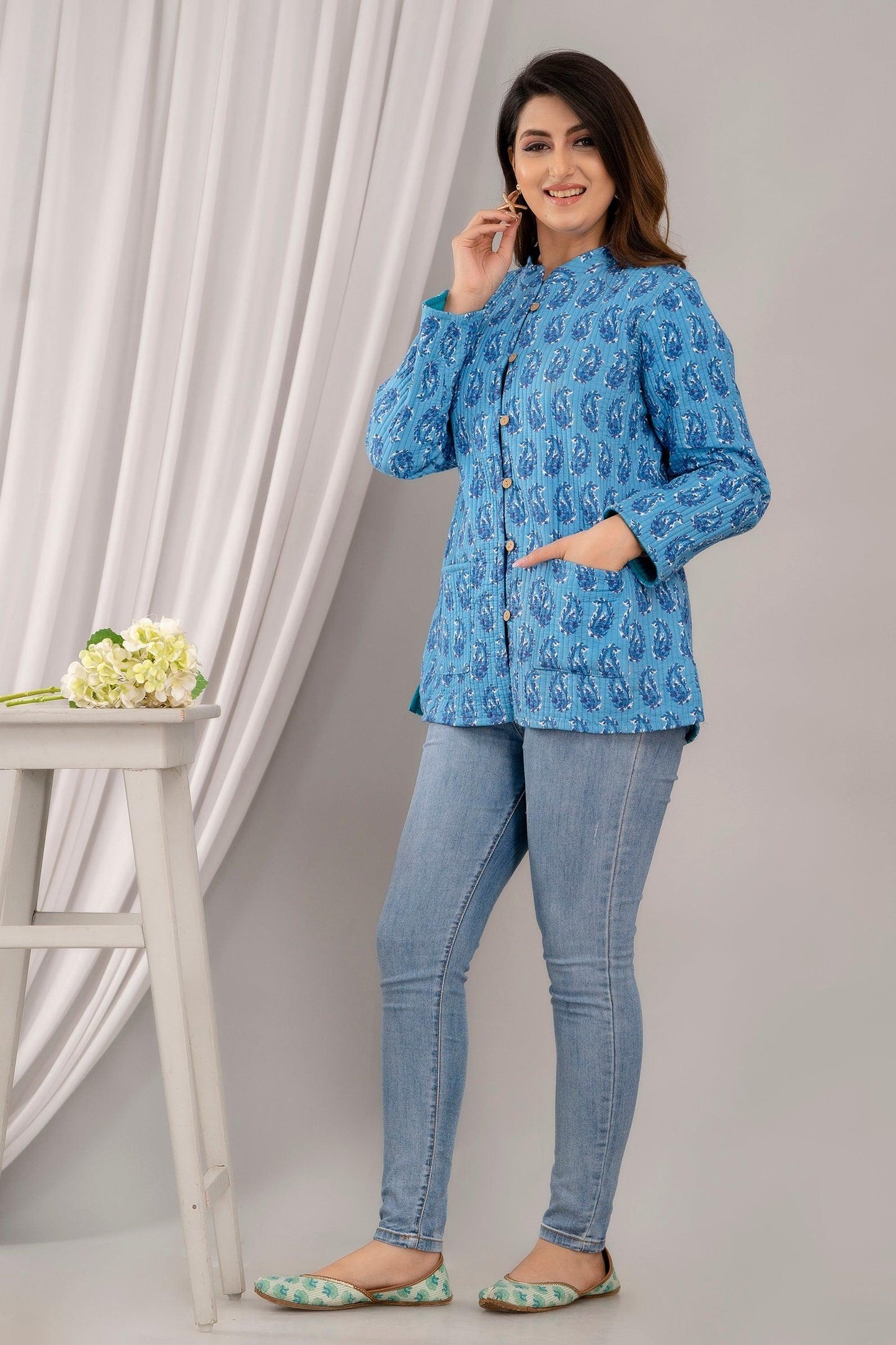 Women Printed Lightweight Cotton Quilted Blue Jacket - SHKL1027 - Frionkandy