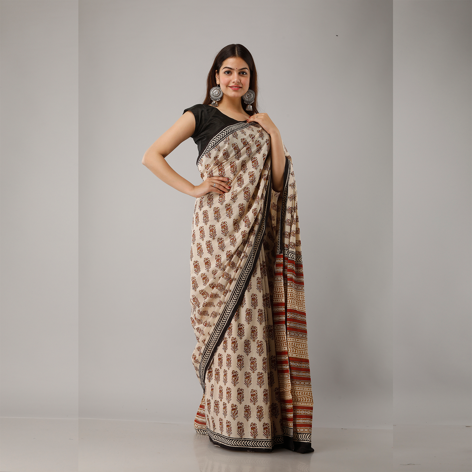 Floral Block Print Bagru Cotton Saree - Frionkandy