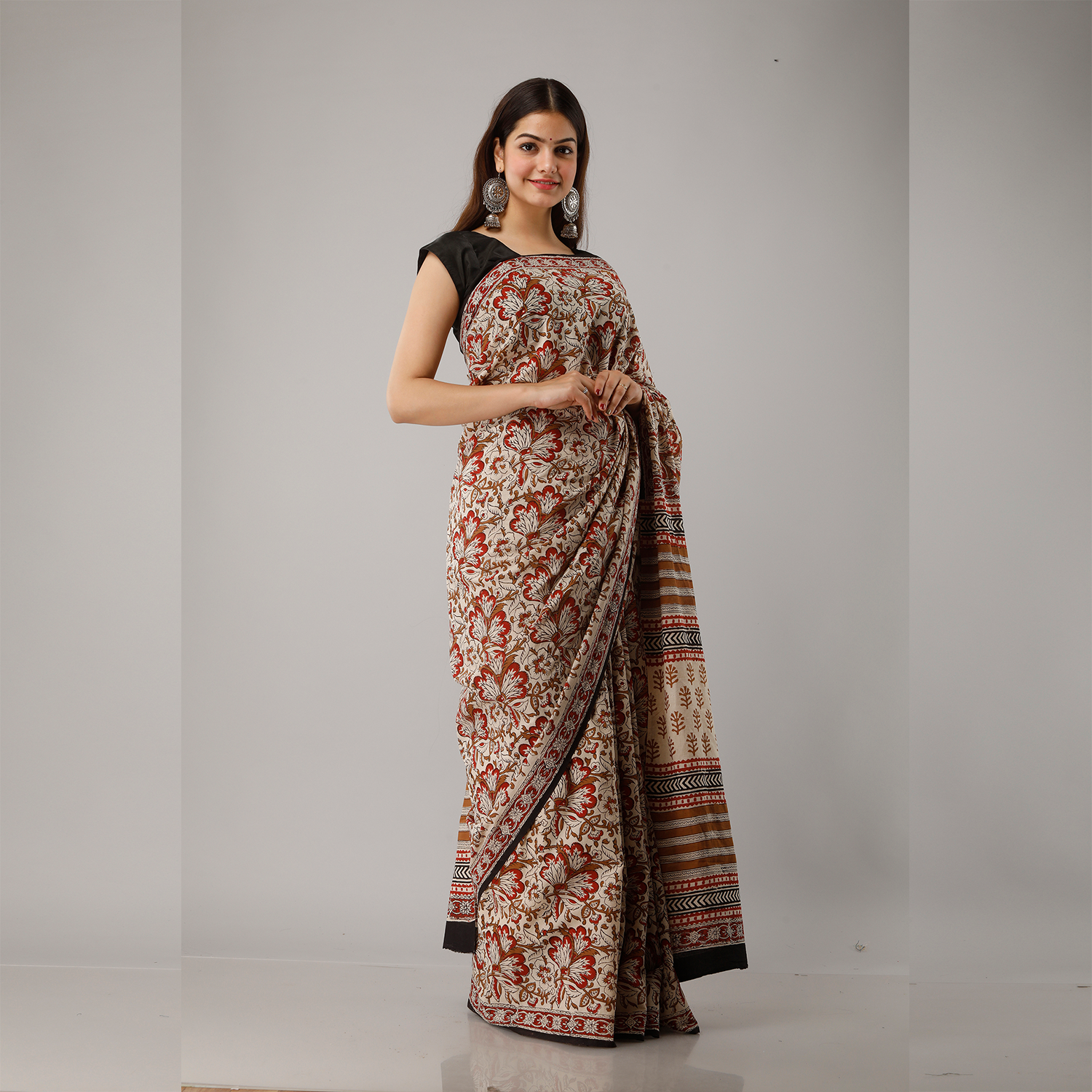 Floral Jaal Printed Bagru Cotton Saree - Frionkandy