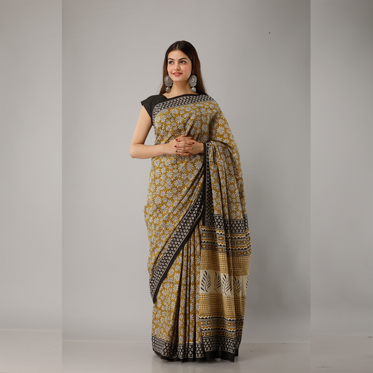 Mustard Floral Bagru Printed Cotton Saree - Frionkandy