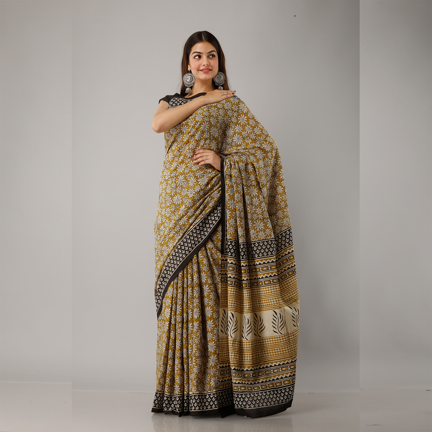 Mustard Floral Bagru Printed Cotton Saree - Frionkandy