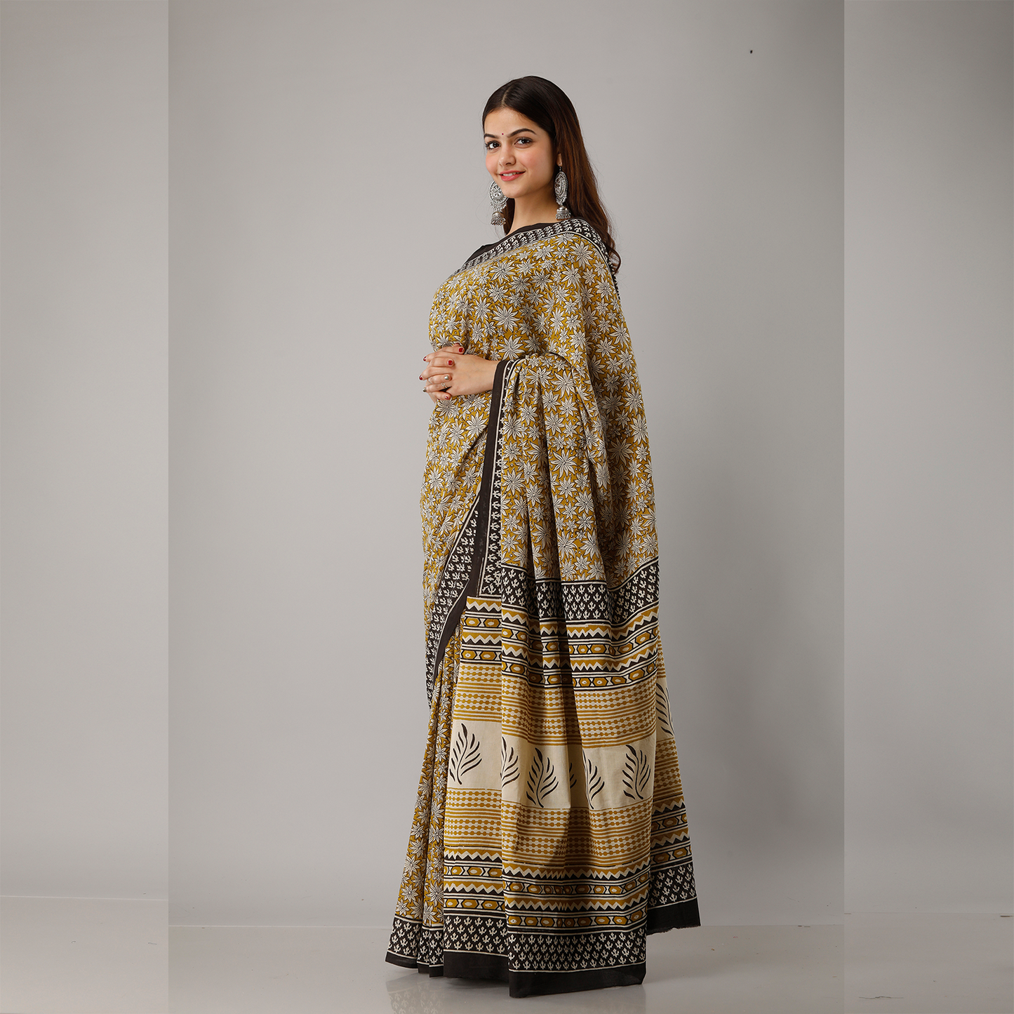 Mustard Floral Bagru Printed Cotton Saree - Frionkandy