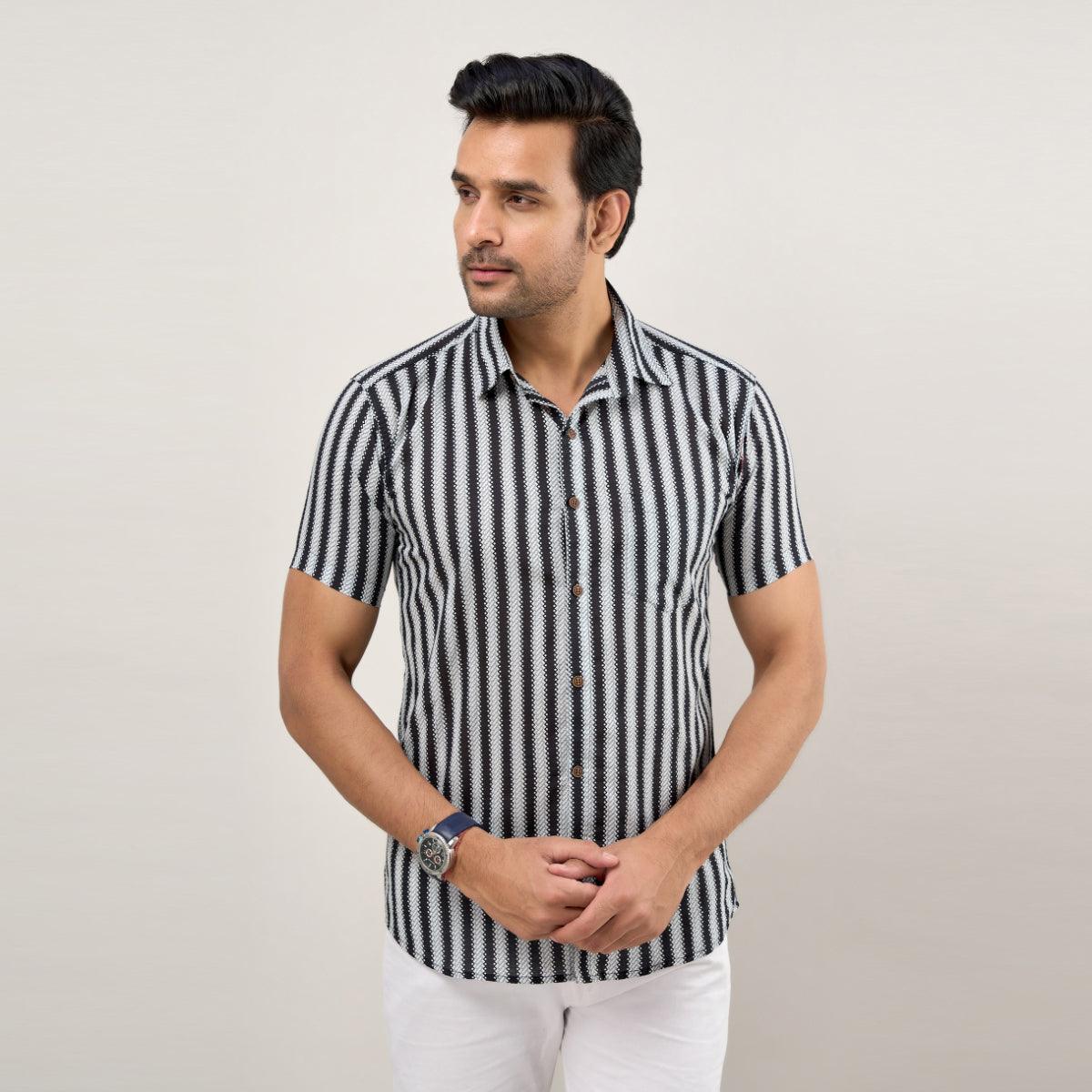 Men Black Regular Fit Cotton Striped Casual Shirt - Frionkandy