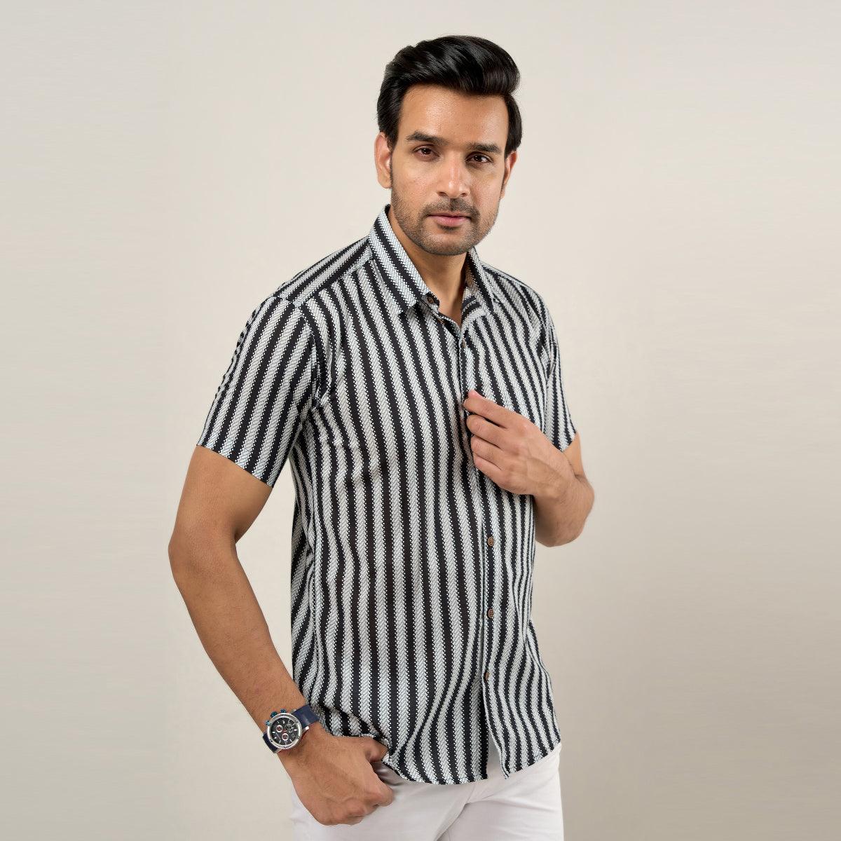 Men Black Regular Fit Cotton Striped Casual Shirt - Frionkandy