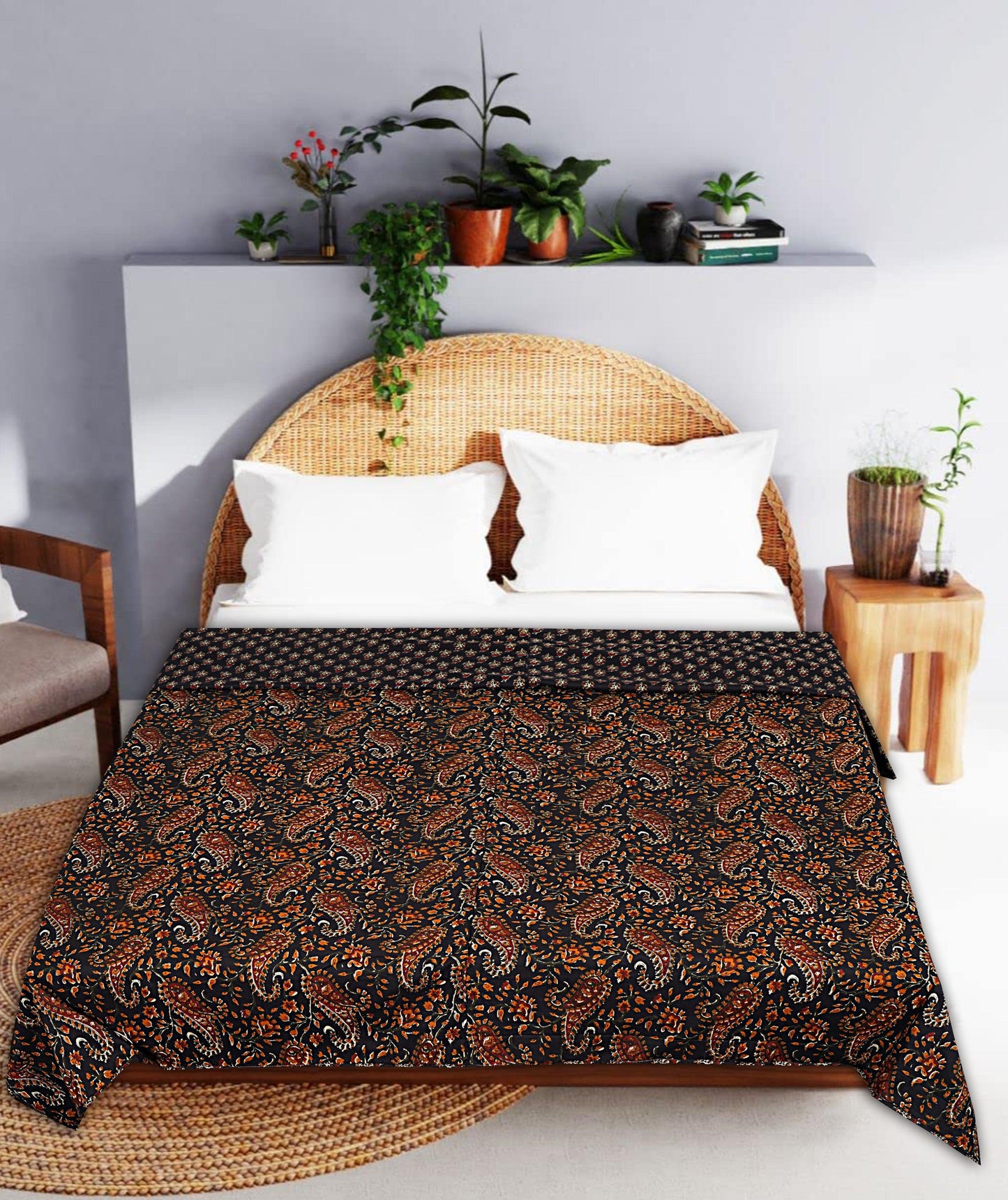 Black Paisley Print 240 TC Cotton Double Bed Dohar (SHKR1016) - Frionkandy