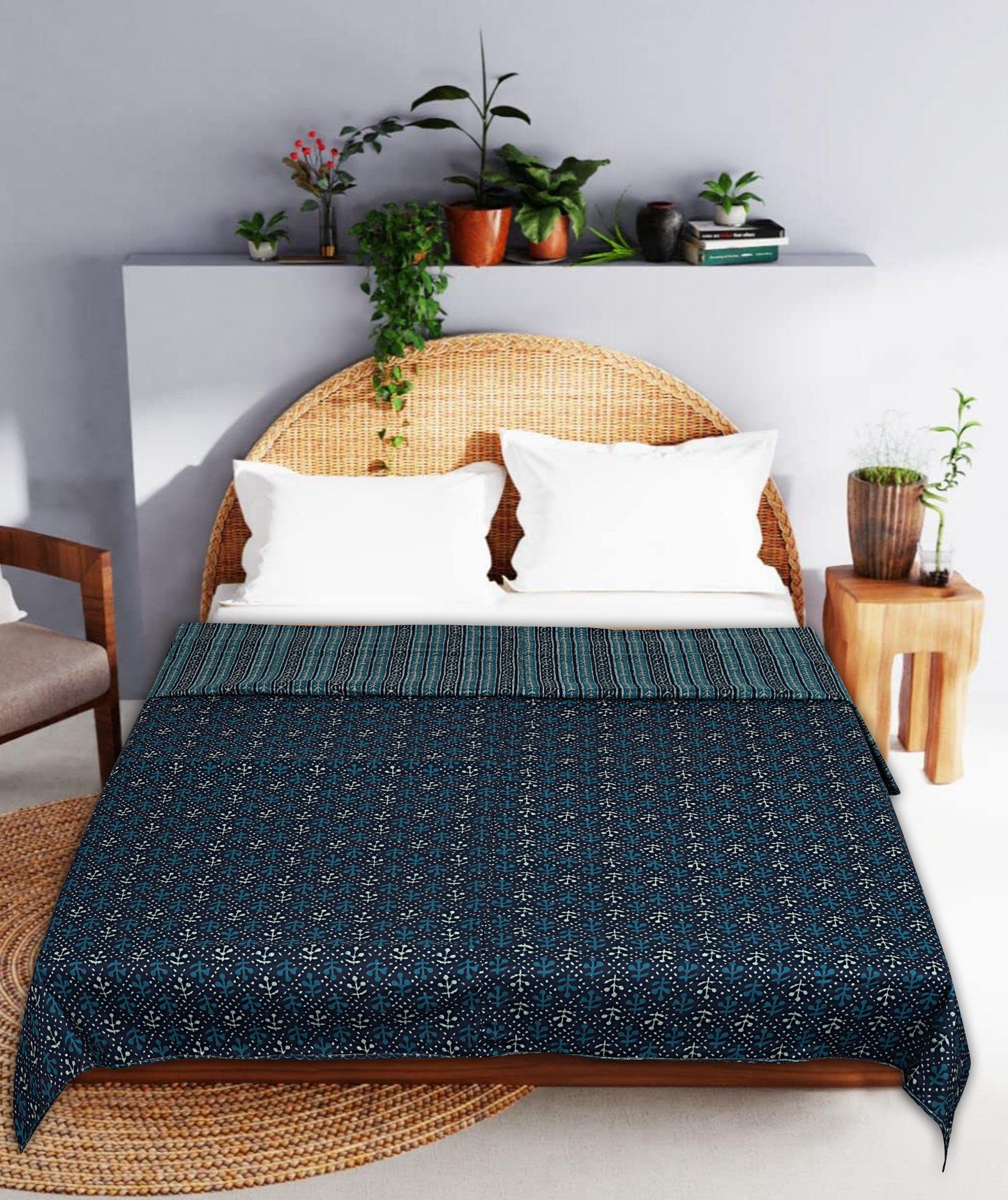 Navy Floral Print 240 TC Cotton Double Bed Dohar (SHKR1017) - Frionkandy