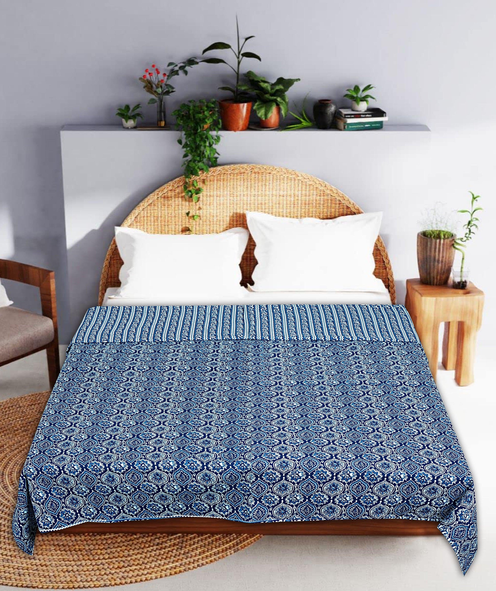 Indigo Blue Floral Print 240 TC Cotton Double Bed Dohar (SHKR1019) - Frionkandy