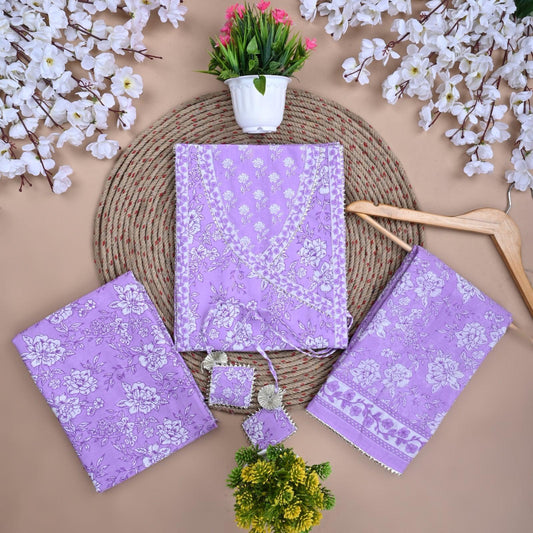 Traditional Screen Print Cotton Unstitched Suit With Cotton Dupatta Purple-SHKS1090