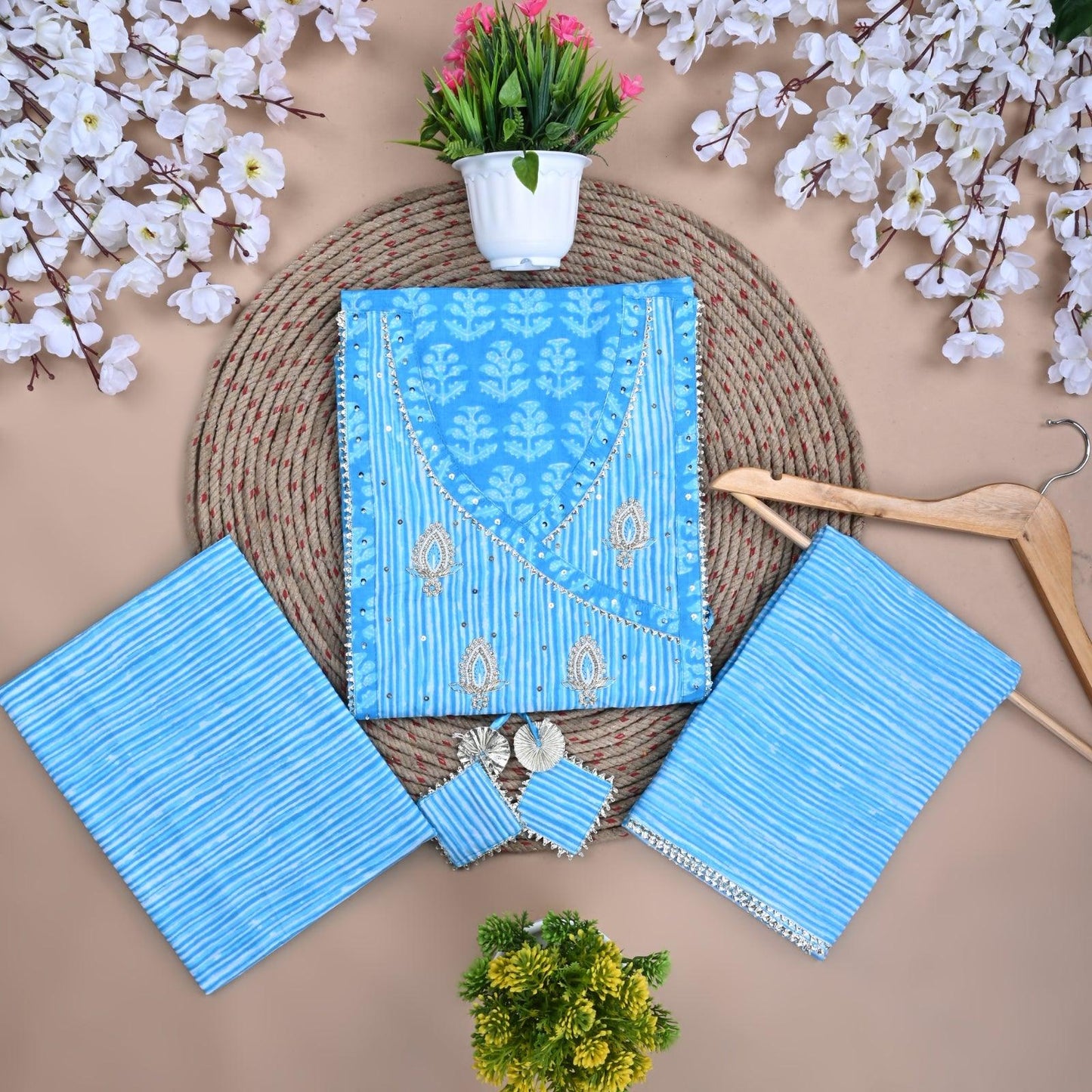 Traditional Screen Print Cotton Unstitched Suit With Cotton Dupatta Sky Blue-SHKS1099