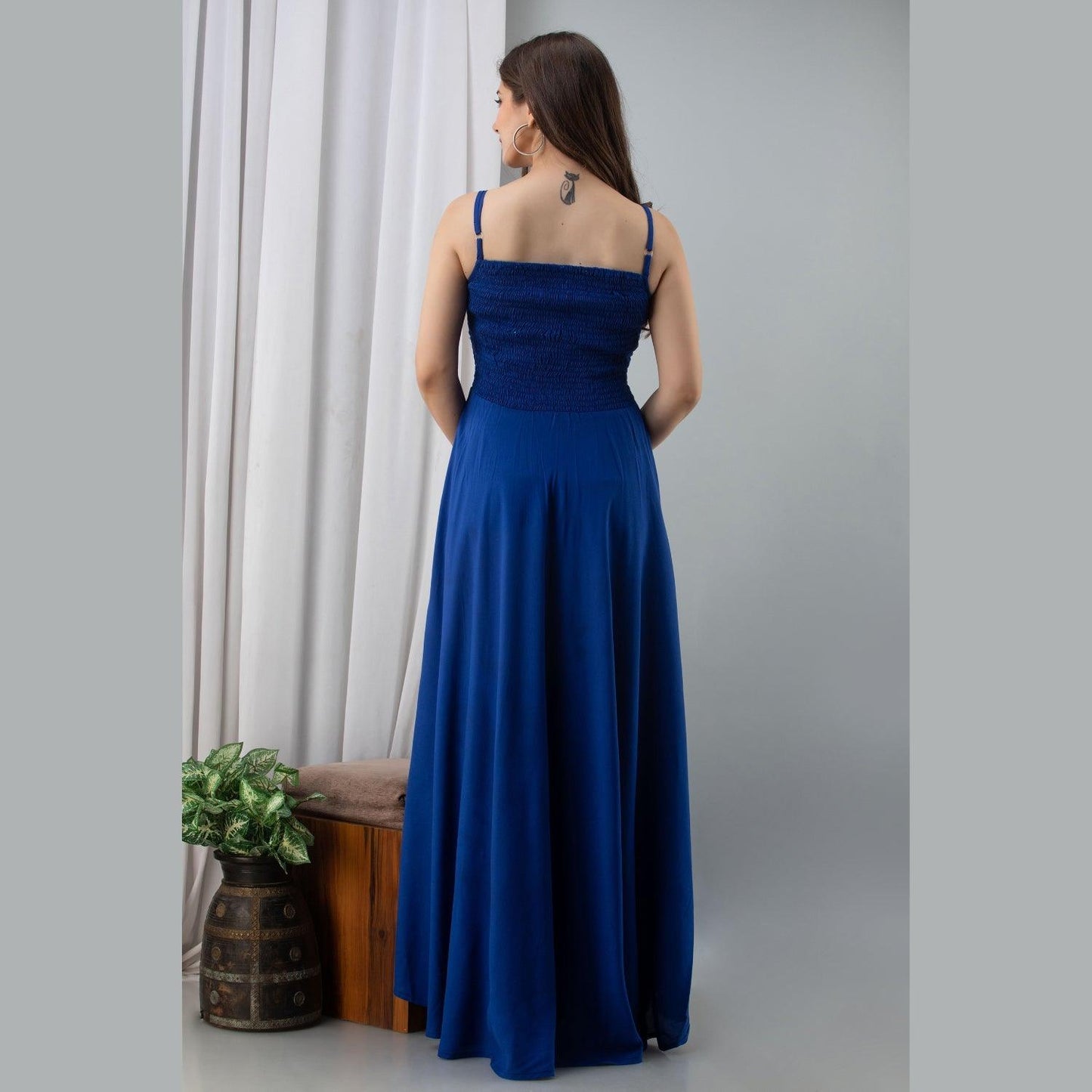 Blue Shirred Gown Dress - Frionkandy