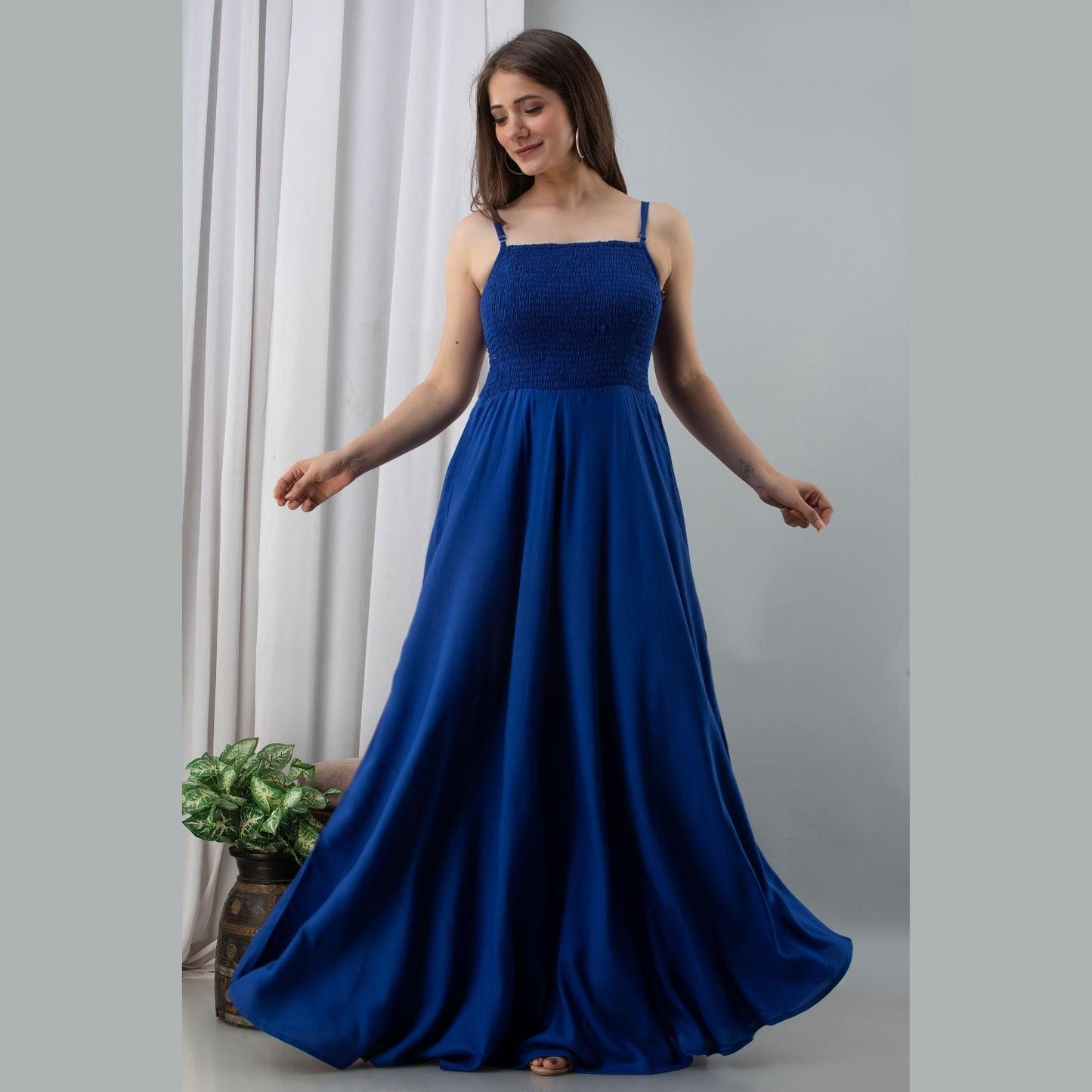 Blue Shirred Gown Dress - Frionkandy