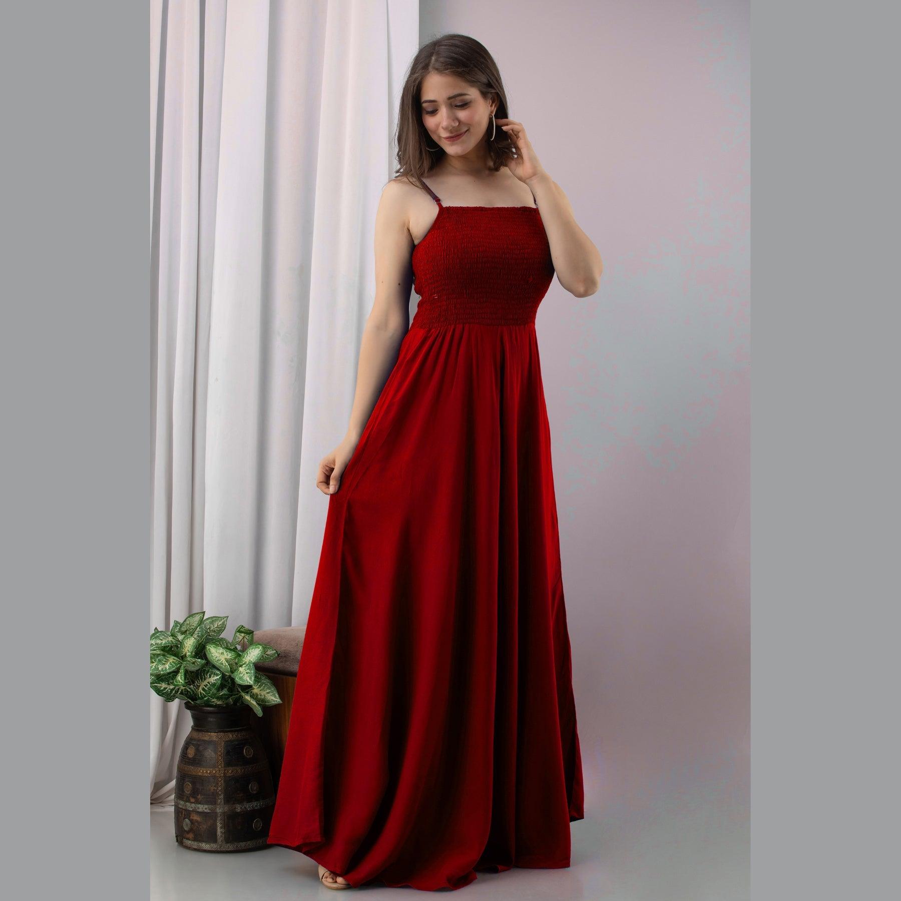 Red Shirred Gown Dress - Frionkandy