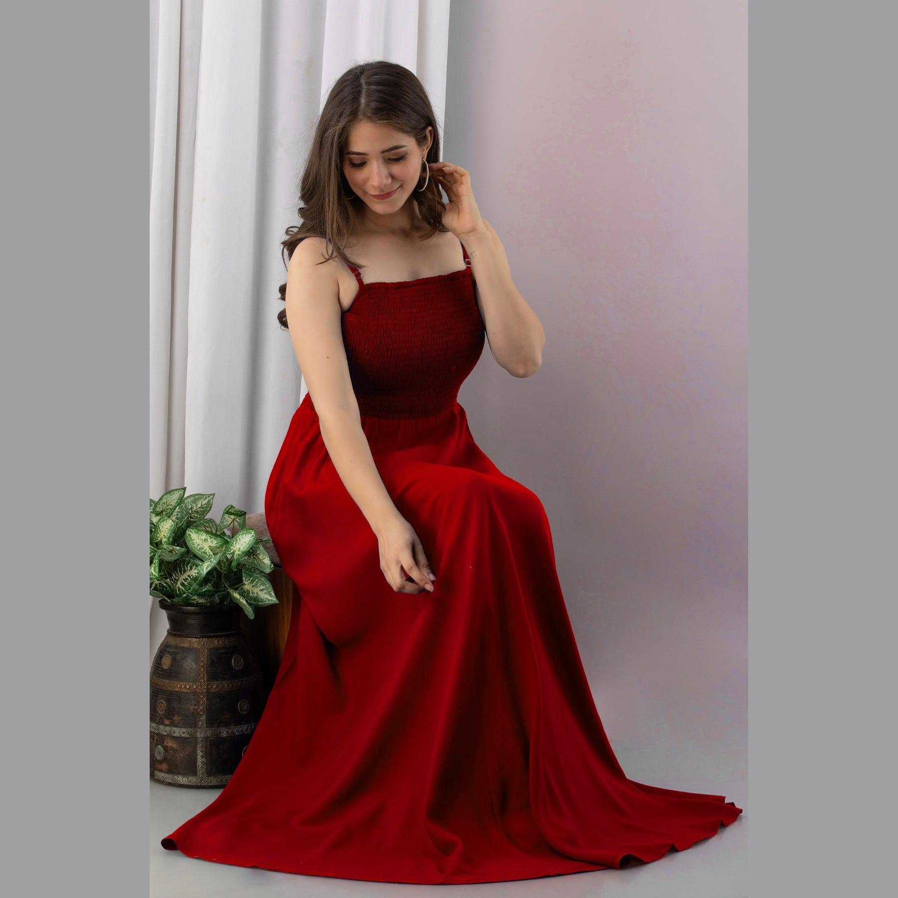 Red Shirred Gown Dress - Frionkandy