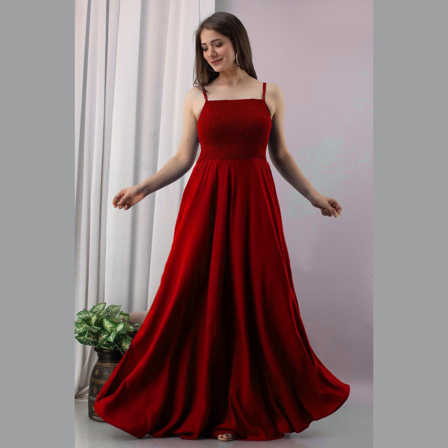 Red Shirred Gown Dress - Frionkandy