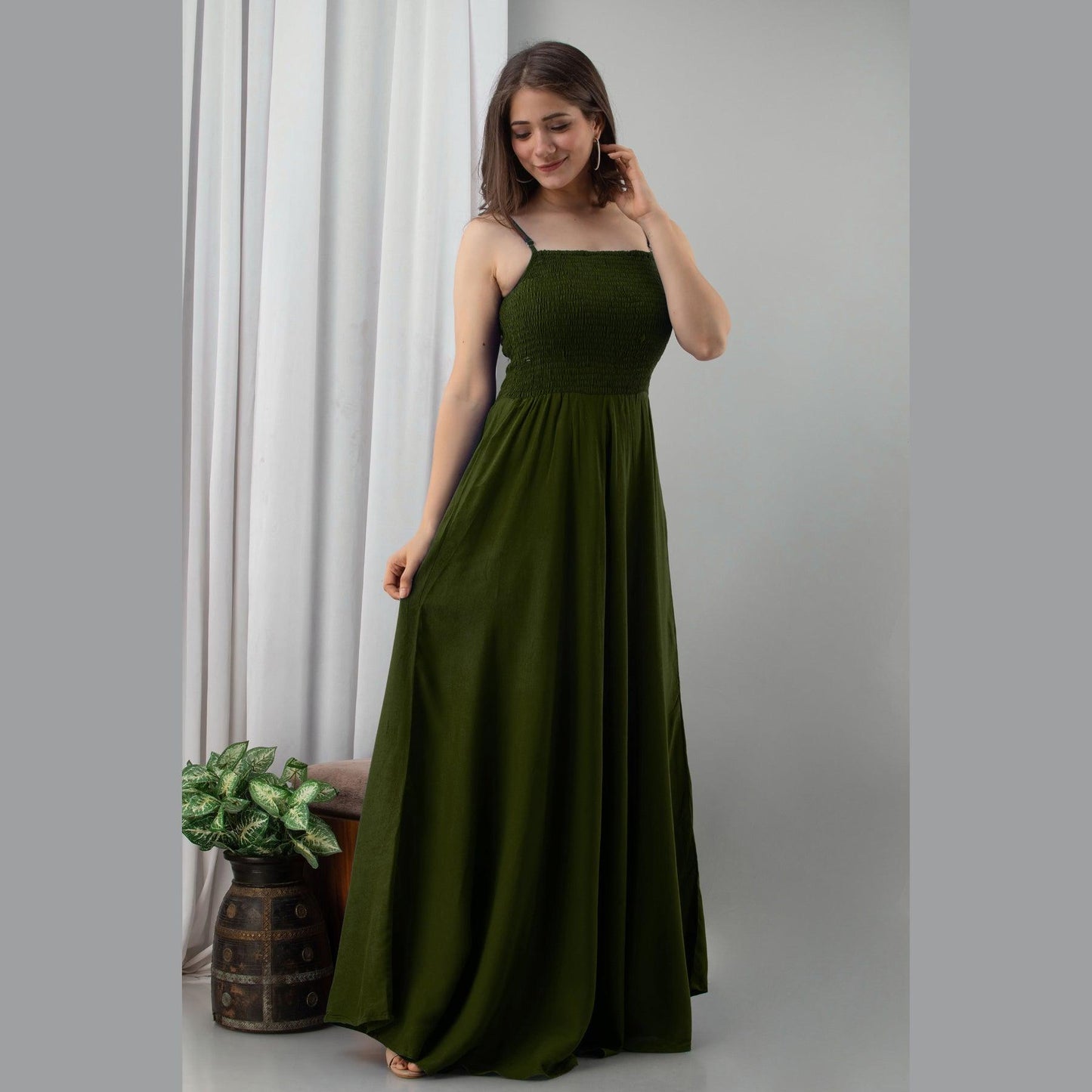 Dark Green Shirred Gown Dress - Frionkandy