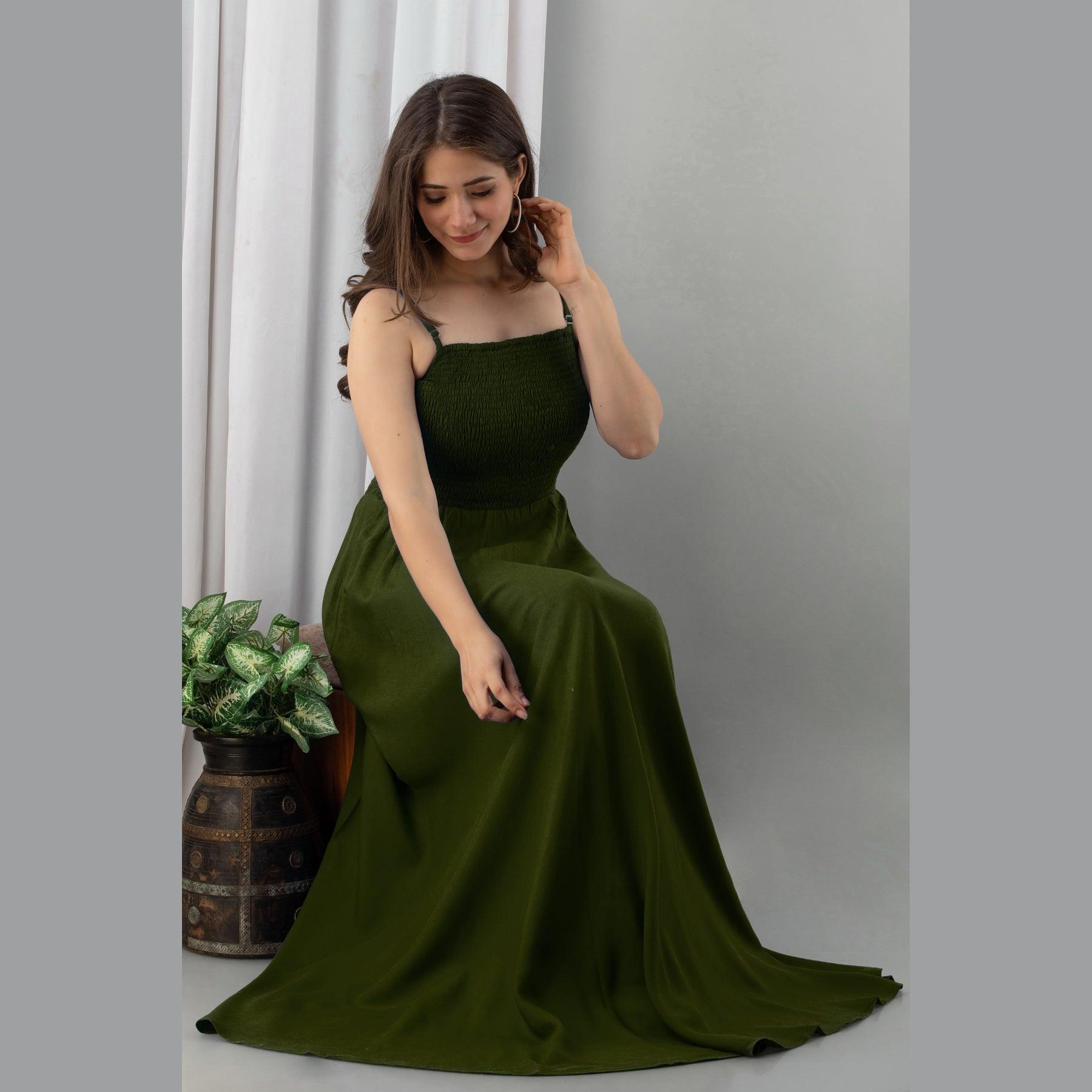 Dark Green Shirred Gown Dress - Frionkandy