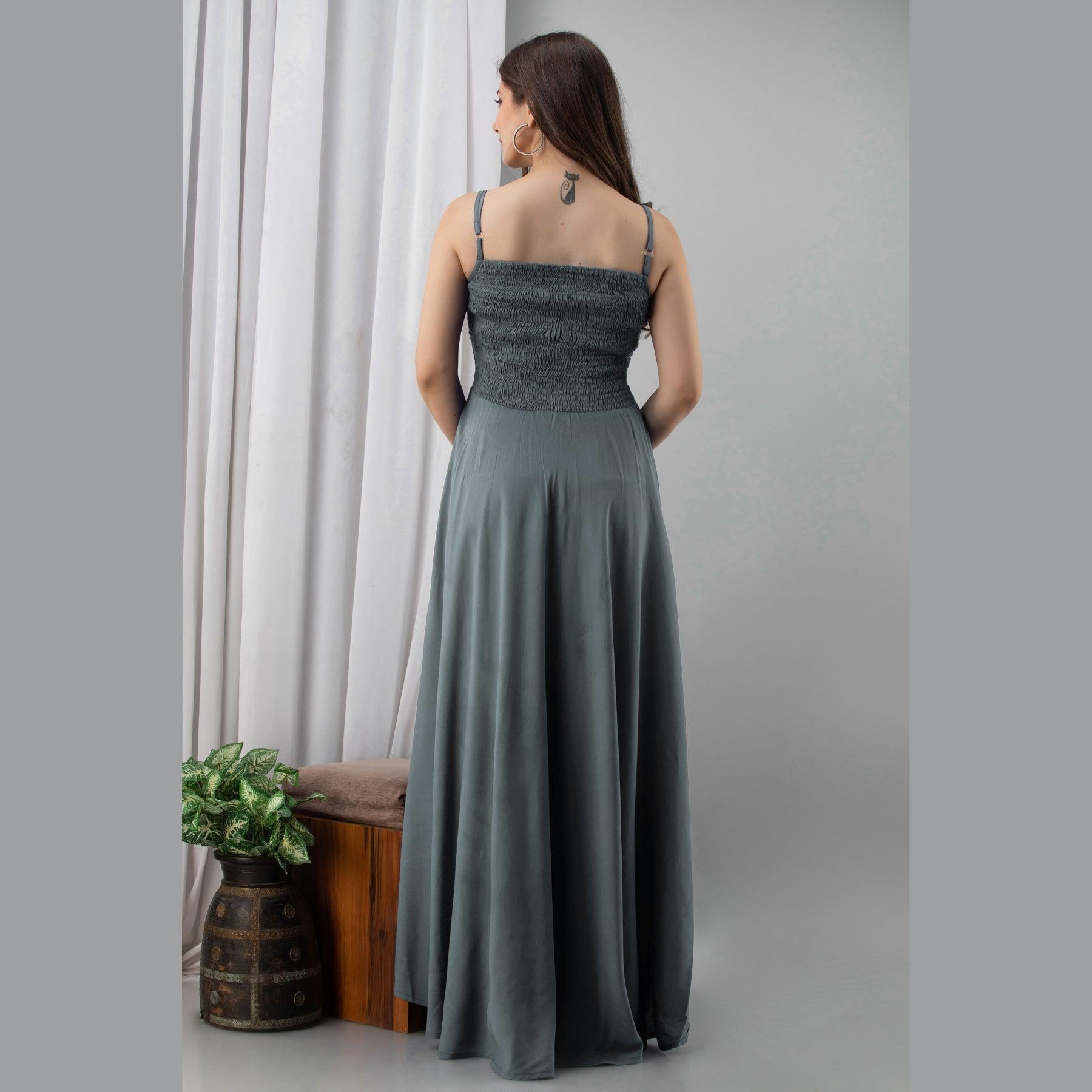 Grey Shirred Gown Dress - Frionkandy