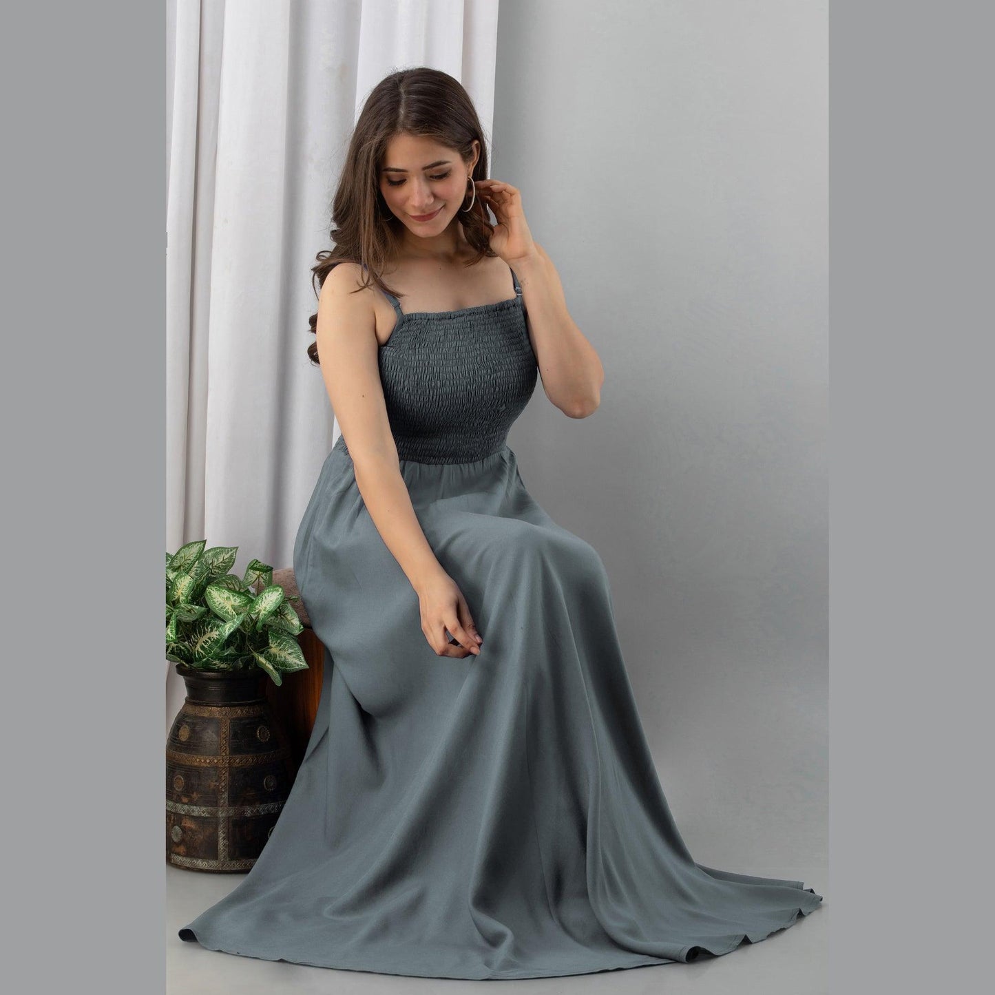 Grey Shirred Gown Dress - Frionkandy