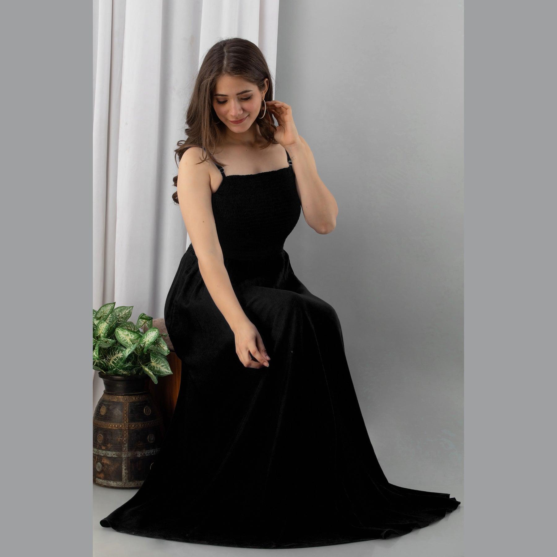 Black Shirred Gown Dress - Frionkandy