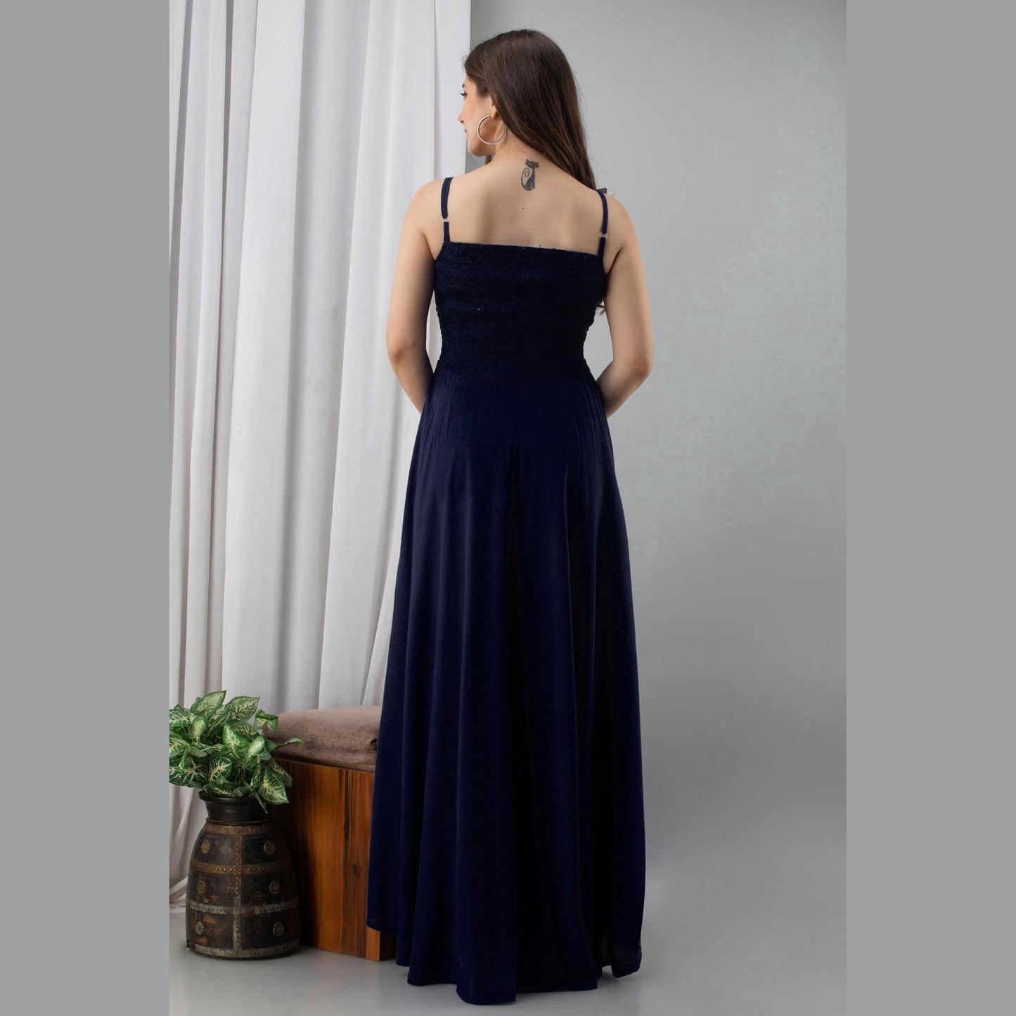 Navy Blue Shirred Gown Dress - Frionkandy