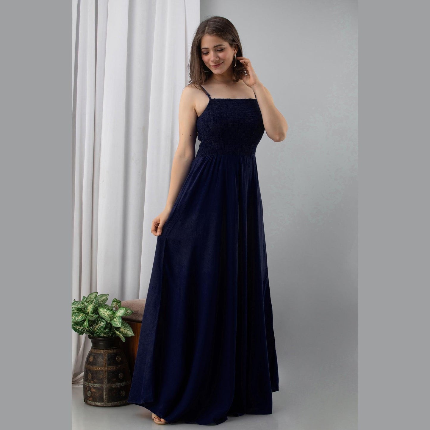 Navy Blue Shirred Gown Dress - Frionkandy