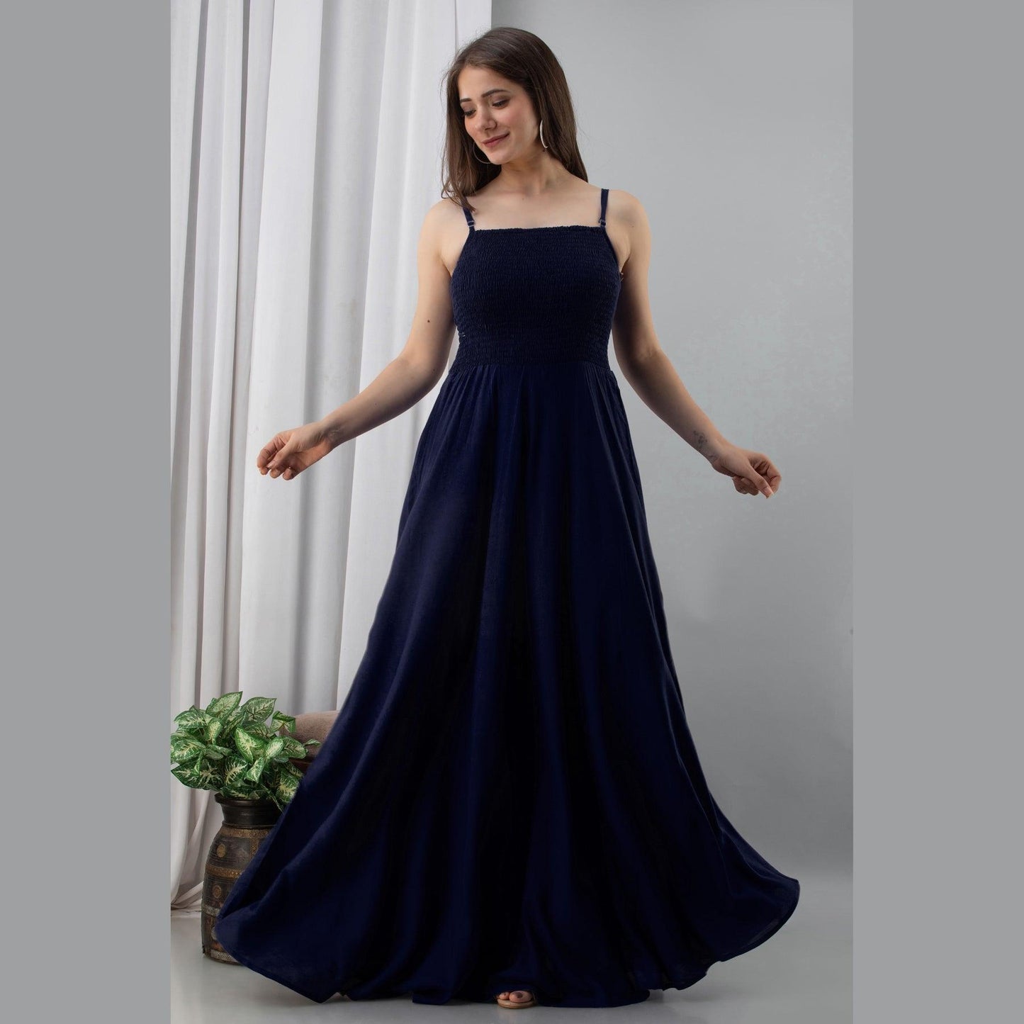 Navy Blue Shirred Gown Dress - Frionkandy